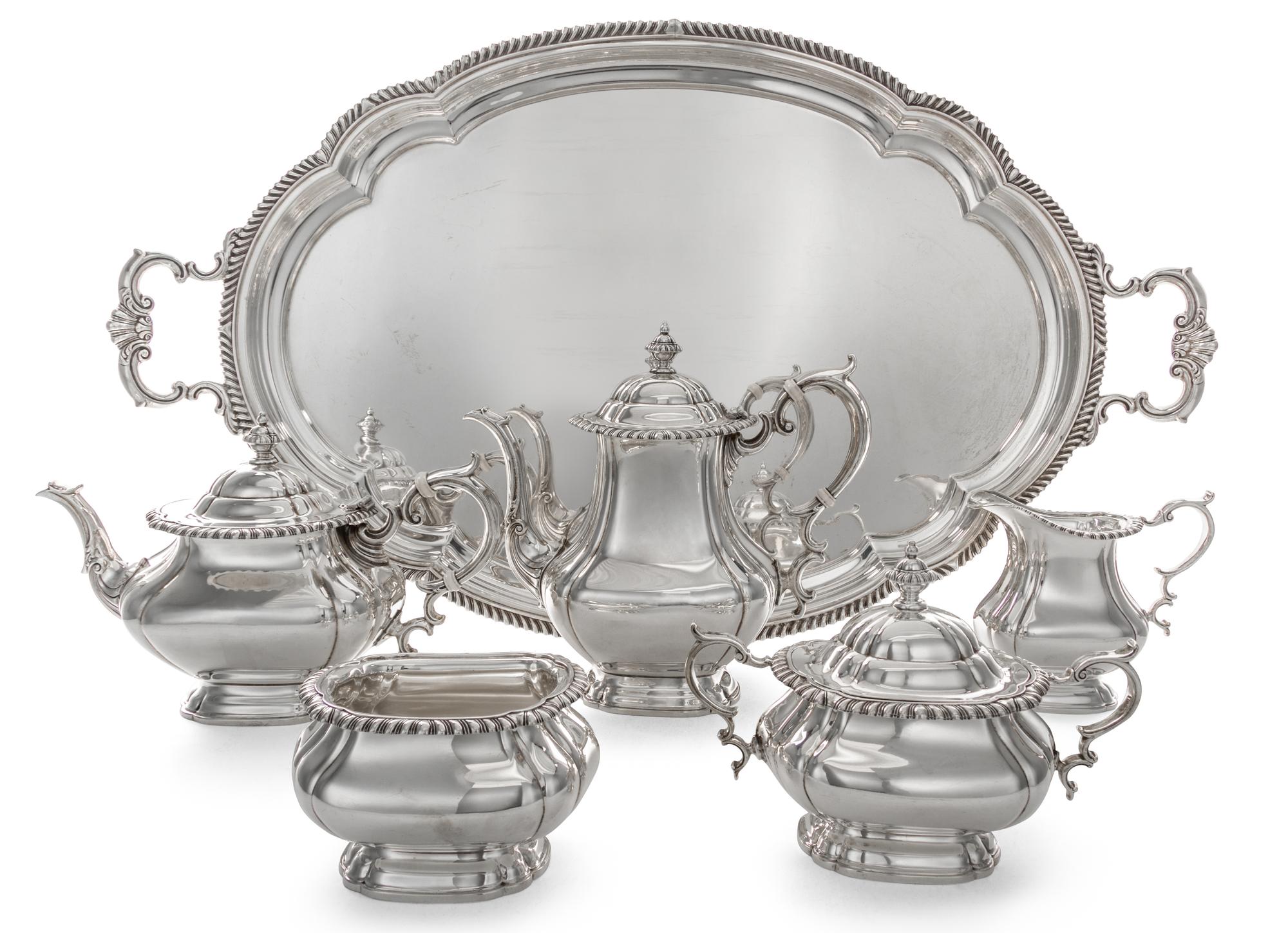 An American Silver Tea and Coffee Service, Gorham Mfg. Co., Providence, RI, comprising a teapot, a coffee pot, a creamer, a covered sug