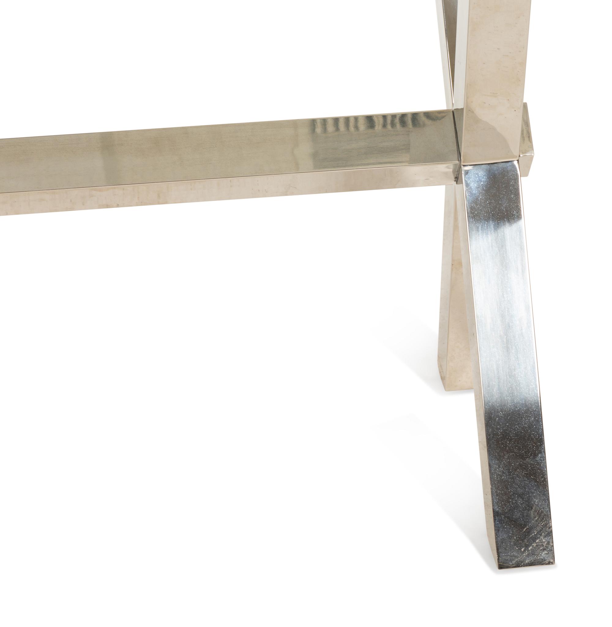 A Contemporary Glass-Top Desk with an X-Form Chrome Base and a Side Table