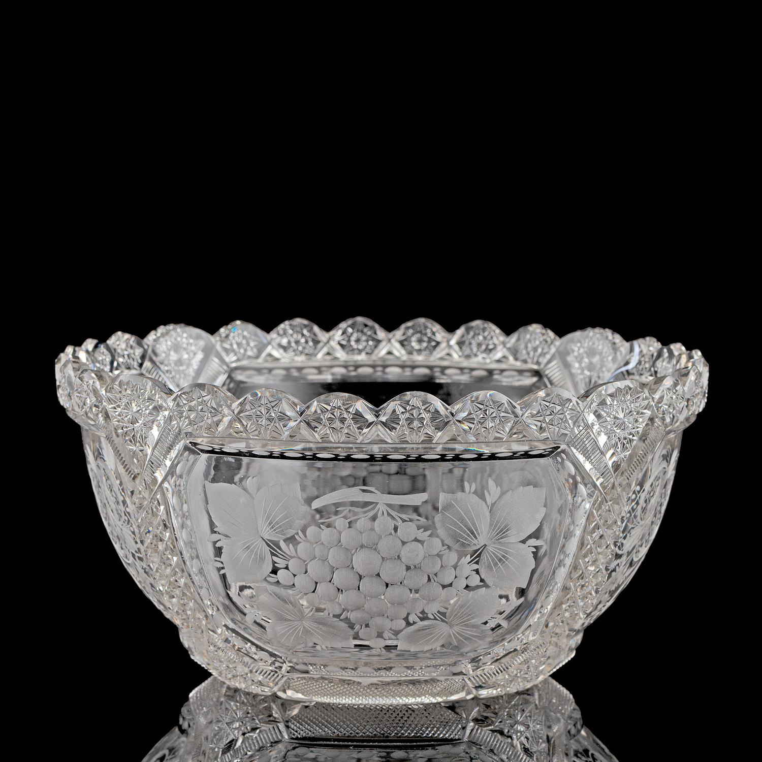 A Brilliant Period Intaglio Cut Glass Bowl with Berries and Flowers