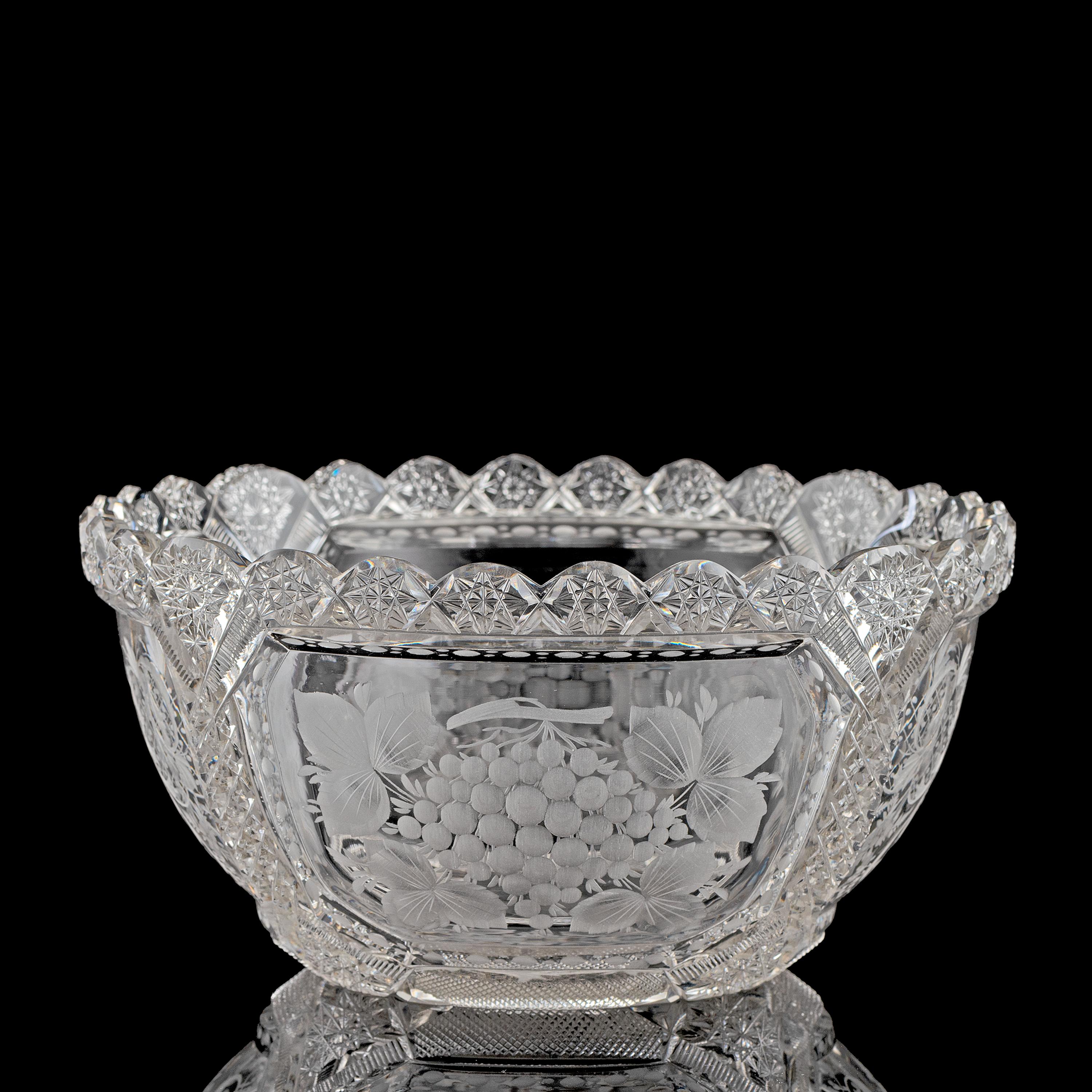 A Brilliant Period Intaglio Cut Glass Bowl with Berries and Flowers