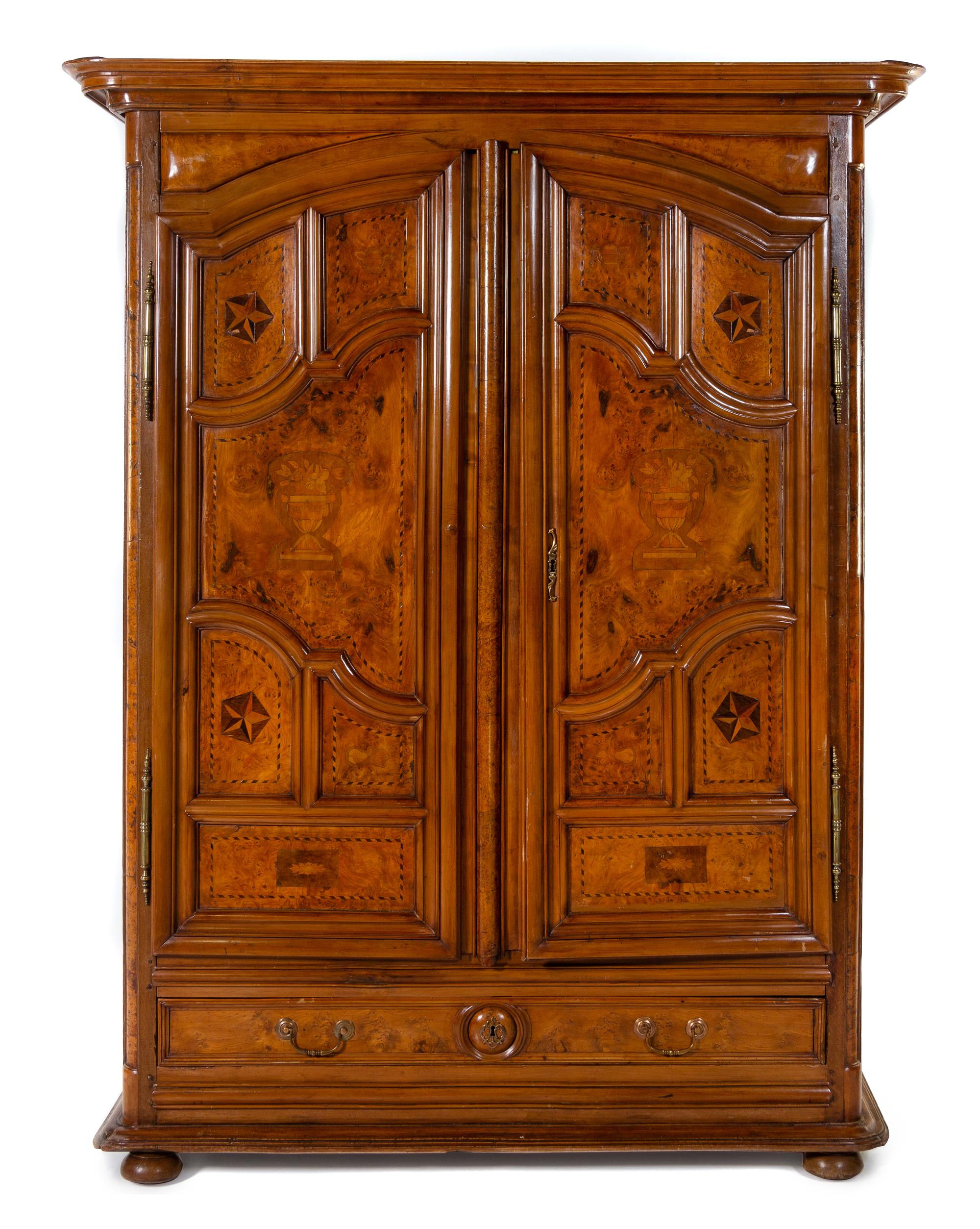 A French Provincial Marquetry Armoire Height 95 x width 69 x depth 24 inches. — LATE 18TH/EARLY 19TH CENTURY