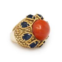 CORAL, SAPPHIRE, AND YELLOW GOLD RING