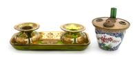 A French Porcelain and Gilt Metal Mounted Inkstand, Width of tray 8 inches.