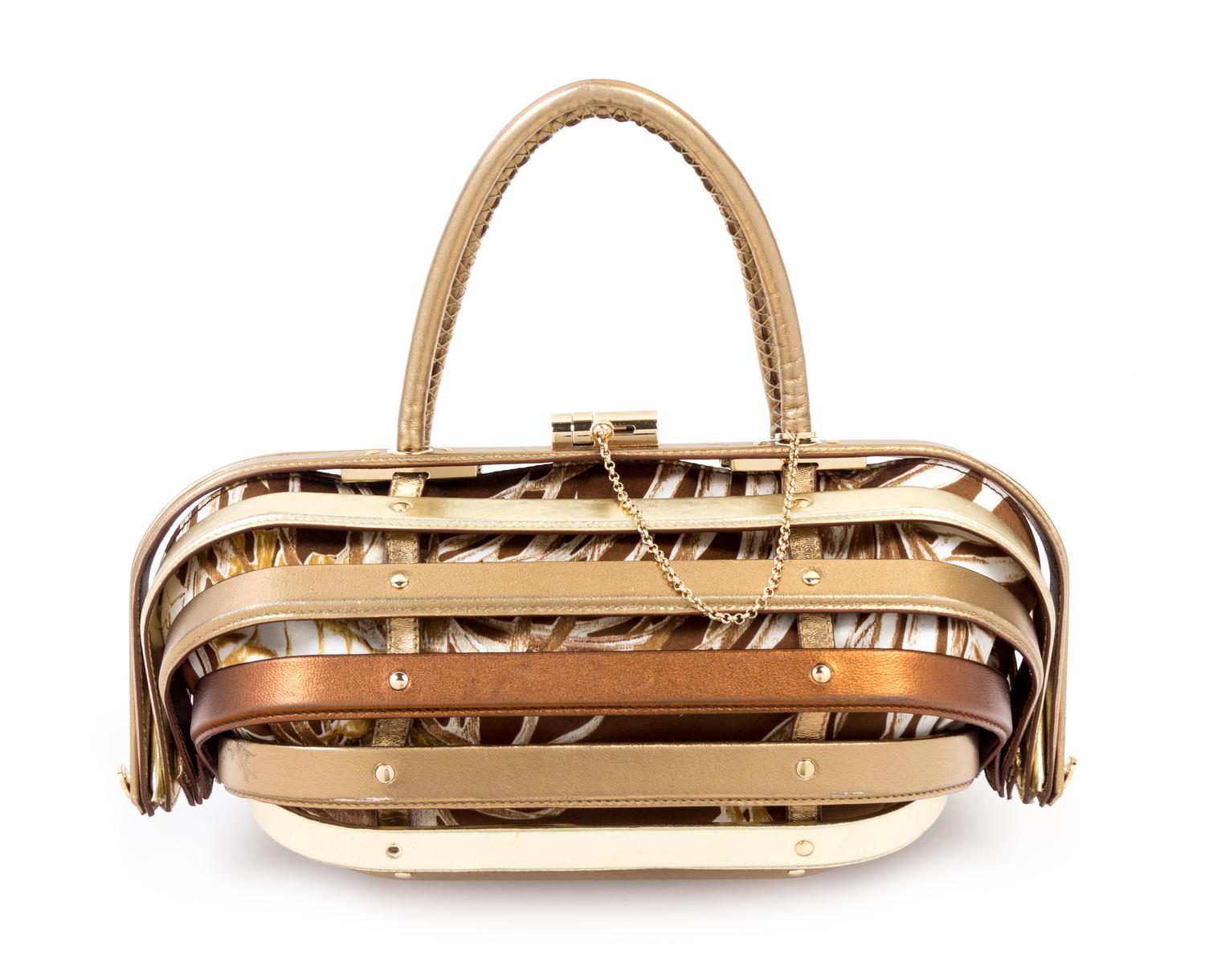 Salvatore Ferragamo Gold and Bronze Leather "Cage" Handbag, 1990-2000s 12" x 6" x 5"; Handle drop: 4"