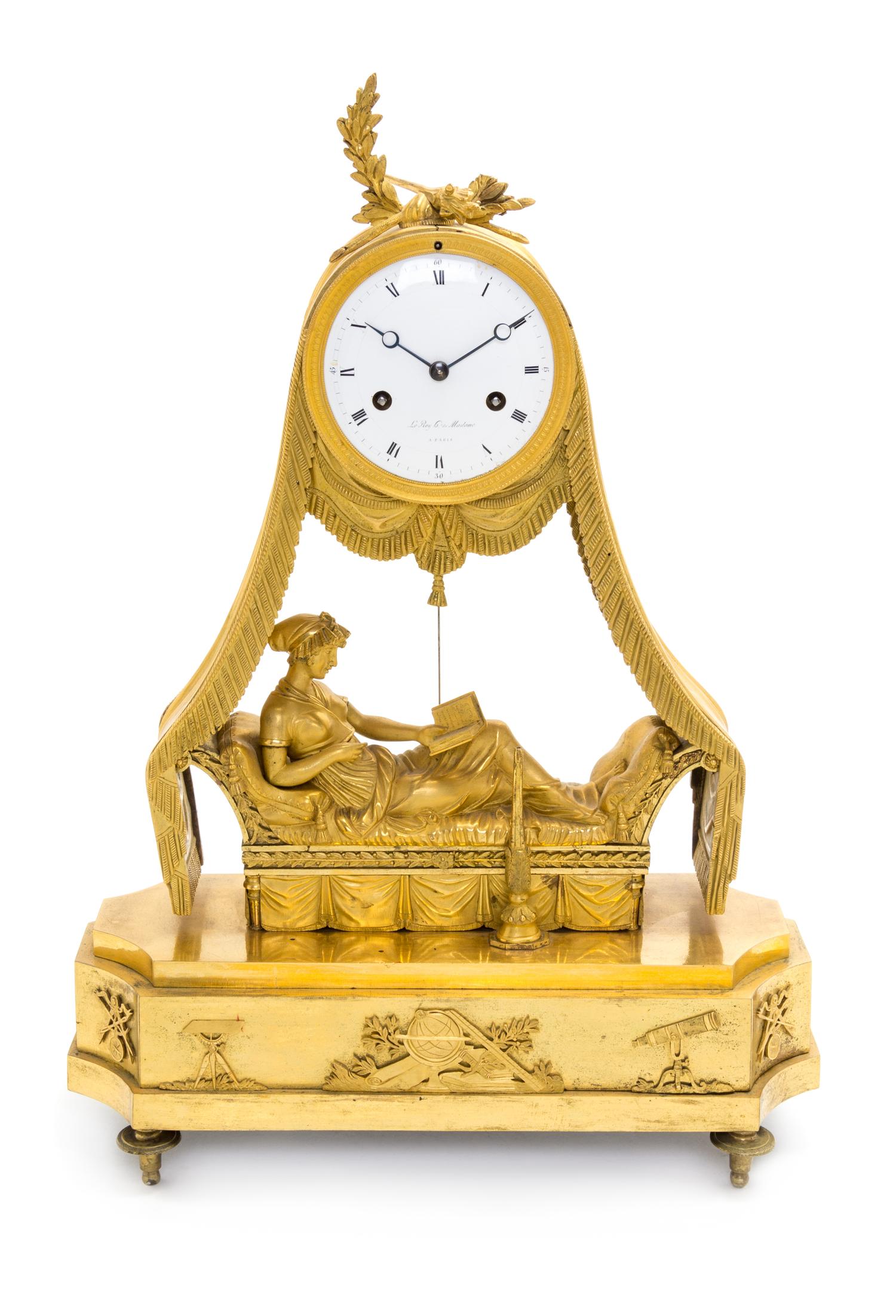 A Directoire Gilt Bronze Mantel Clock Height 20 1/2 x width 14 1/8 inches. — DIAL SIGNED LEROY, CIRCA 1800