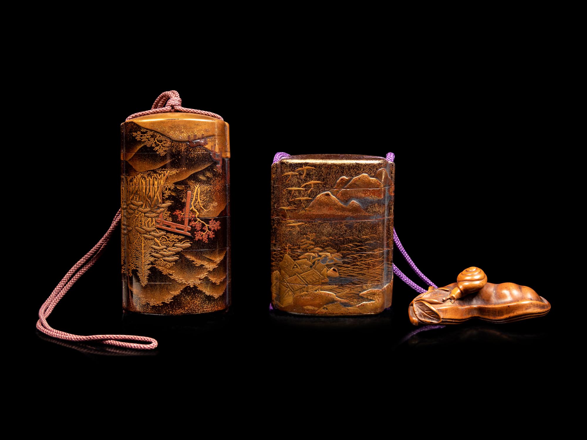 Two Gold and Black Lacquer Four-Case Inro