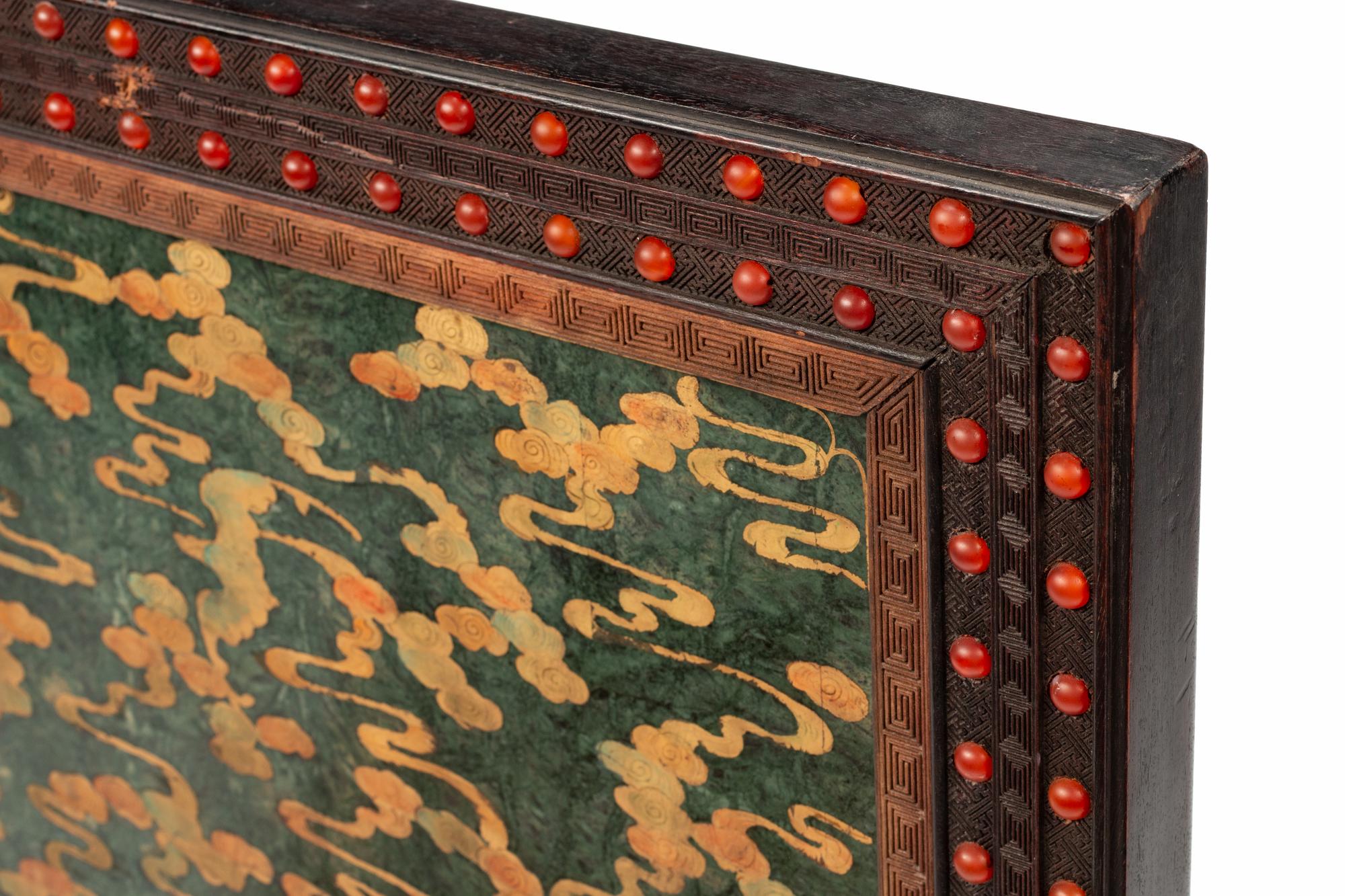 A Chinese Export Hardstone and Carved Hardwood Table Screen