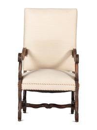 A Louis XIV Style Foliate and Scroll Carved Walnut Upholstered Fauteuil