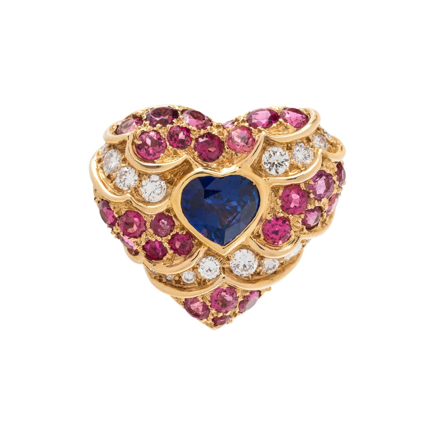 FRENCH, SAPPHIRE, PINK TOURMALINE AND DIAMOND HEART BROOCH
