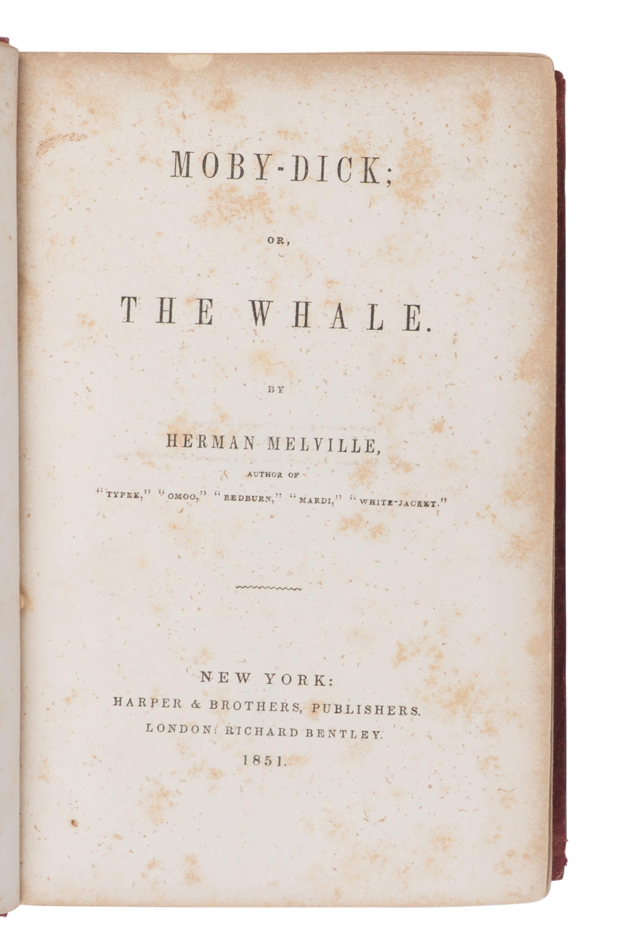 MELVILLE, Herman (1819-1891). Moby Dick, or, The Whale . New York: Harper & Brothers, 1851.