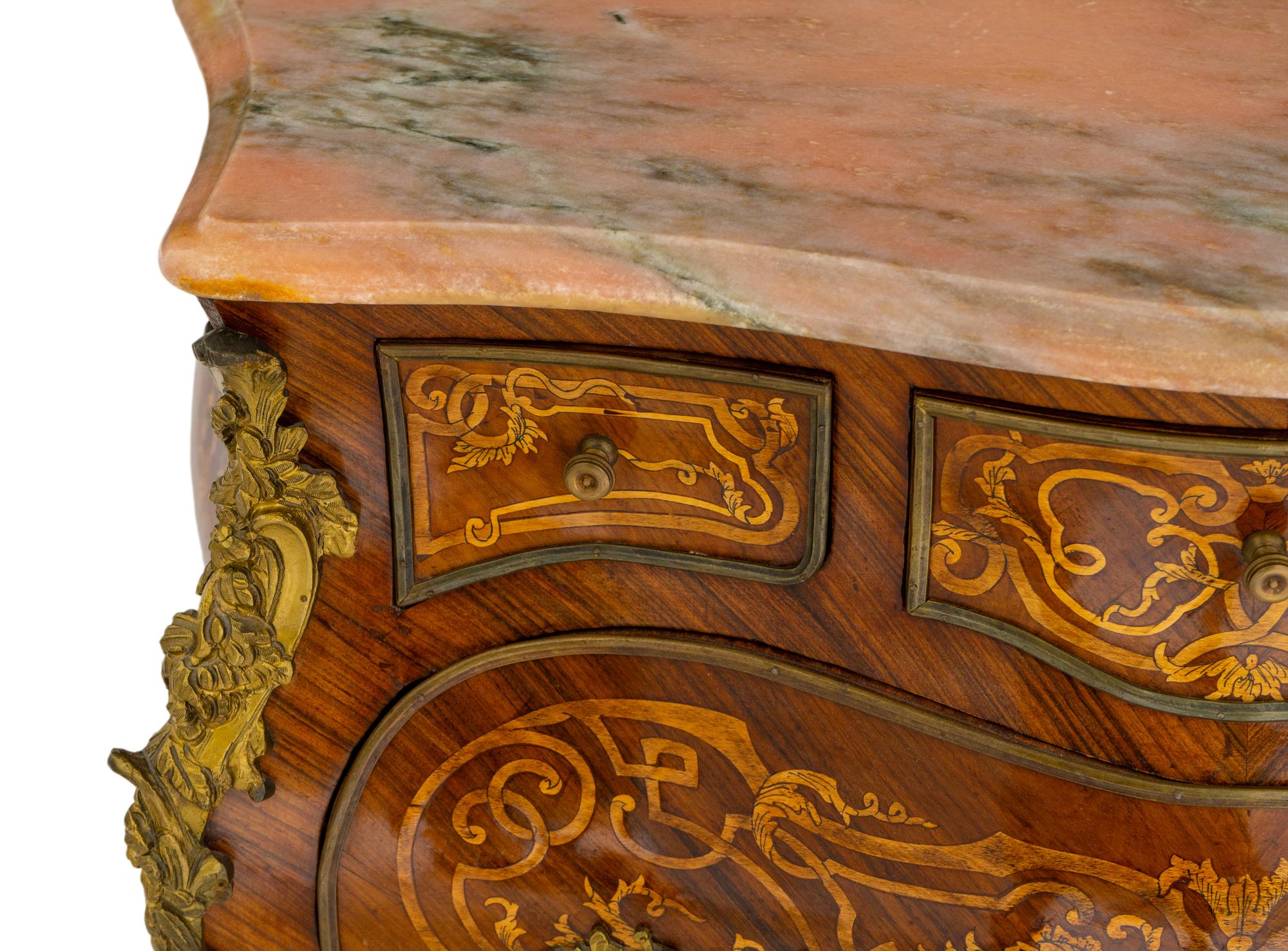 A Pair of Louis XV Style Gilt Bronze Mounted Marquetry Marble-Top Commodes
