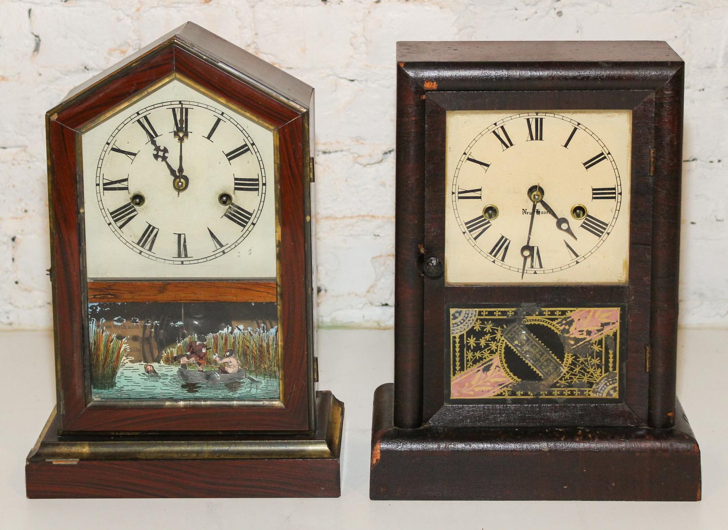 Two American Mahogany Mantel Clocks Height of taller 14 inches. — NEW HAVEN CLOCK CO.