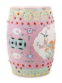 A Chinese Pink Ground Famille Rose Porcelain Garden Stool