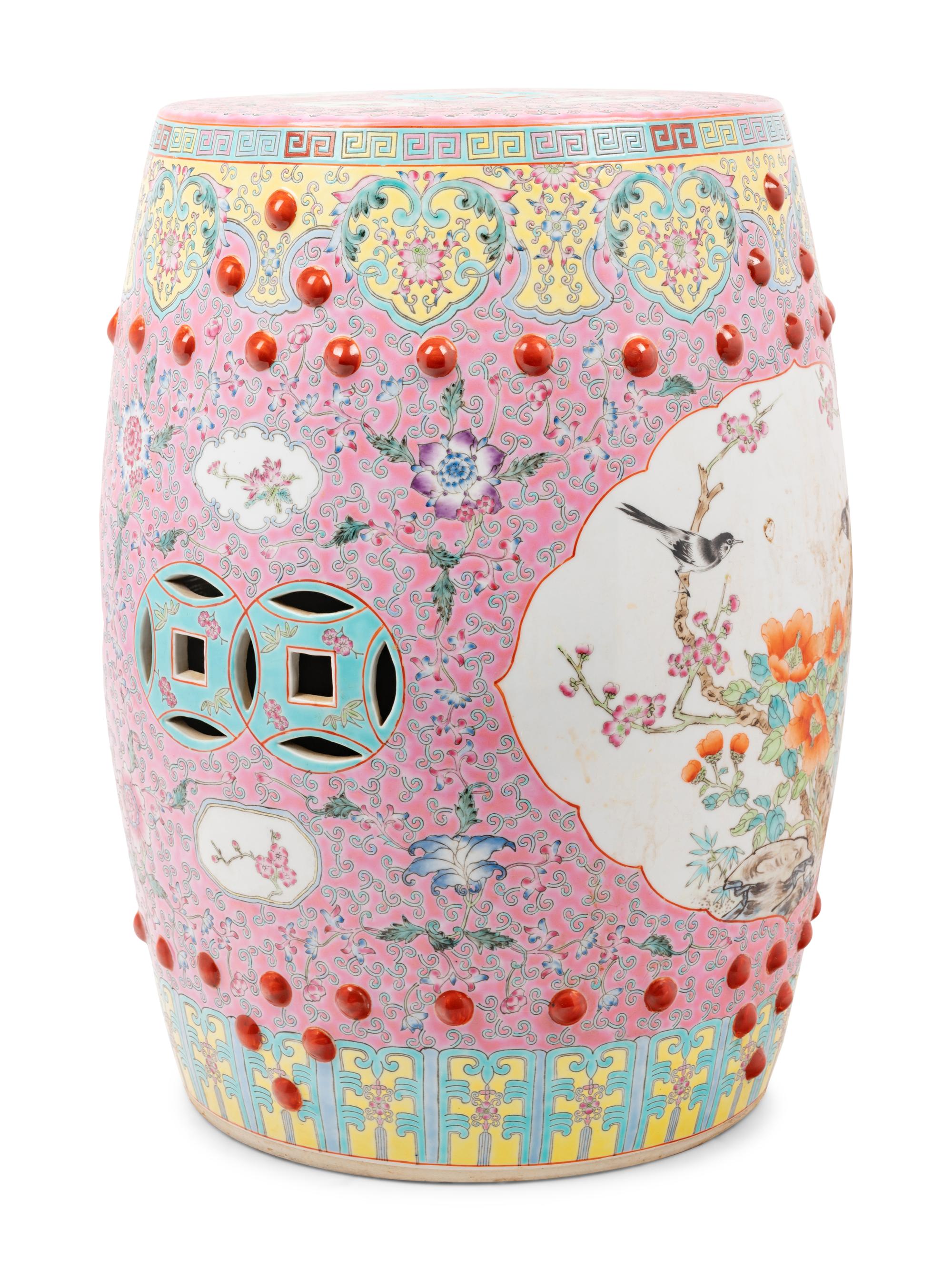 A Chinese Pink Ground Famille Rose Porcelain Garden Stool