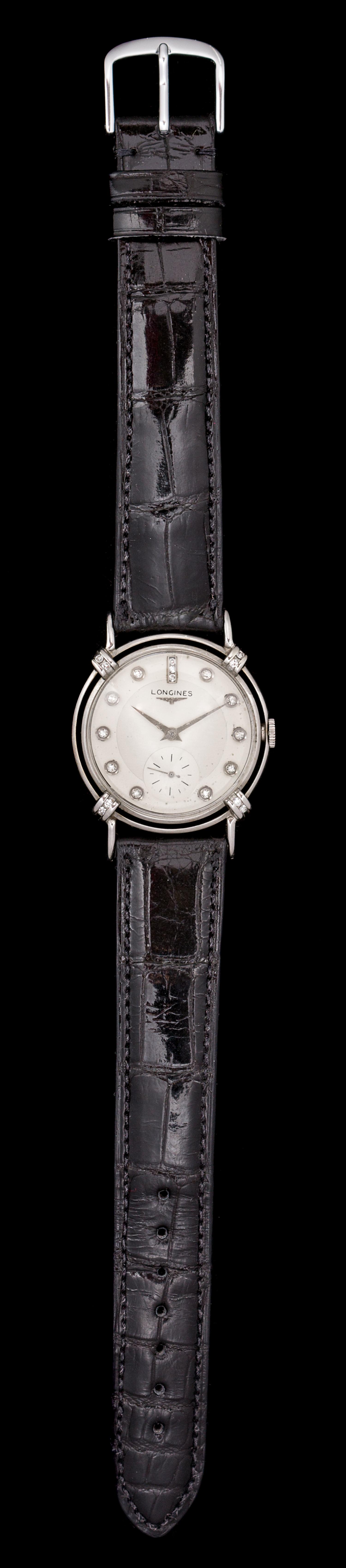 A 14 Karat White Gold and Diamond Wristwatch, Longines, Circa 1952,