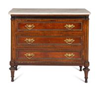 A Pair of Louis XVI Style Gilt Bronze Mounted Mahogany Marble-Top Chests of Drawers