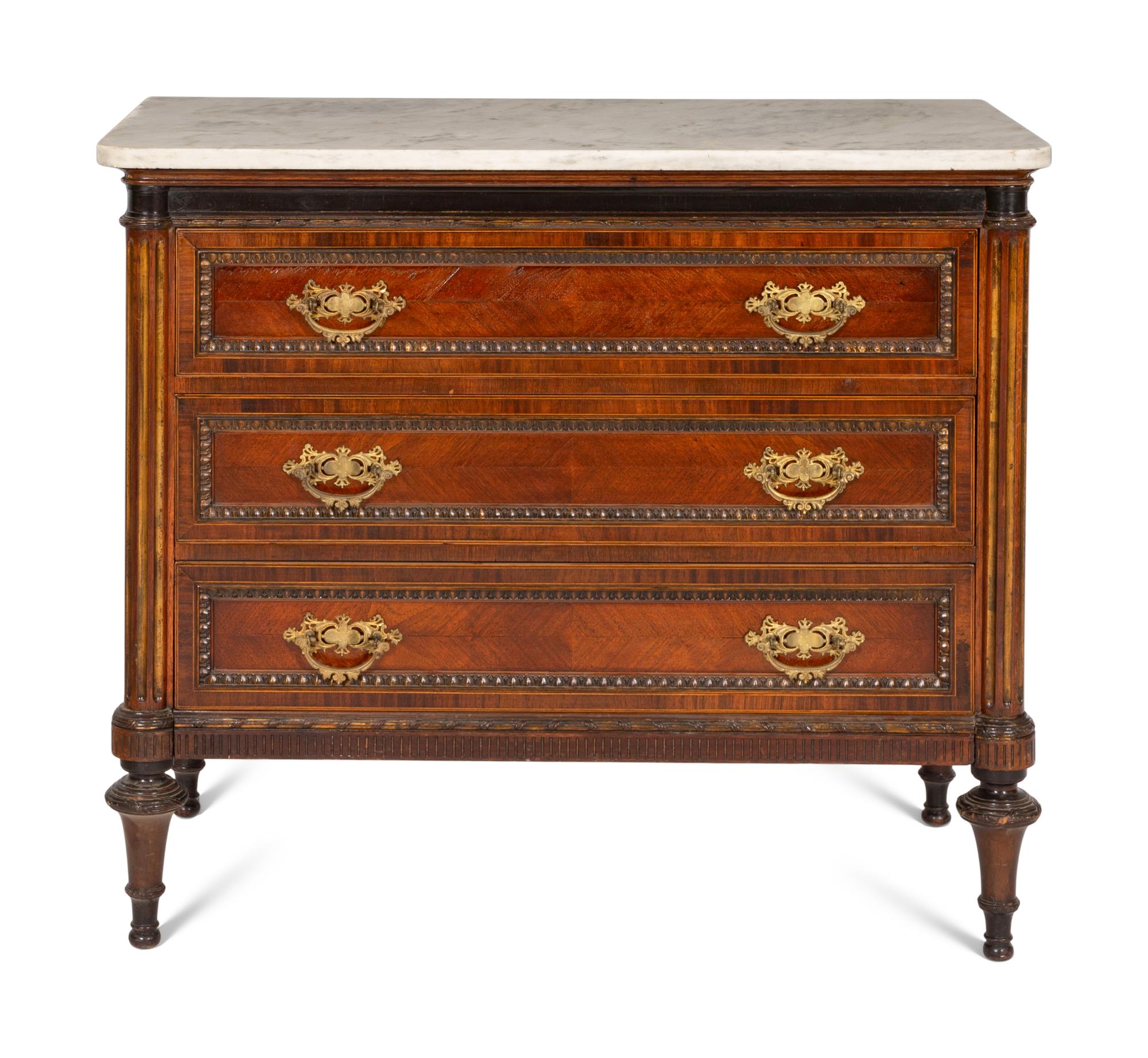 A Pair of Louis XVI Style Gilt Bronze Mounted Mahogany Marble-Top Chests of Drawers