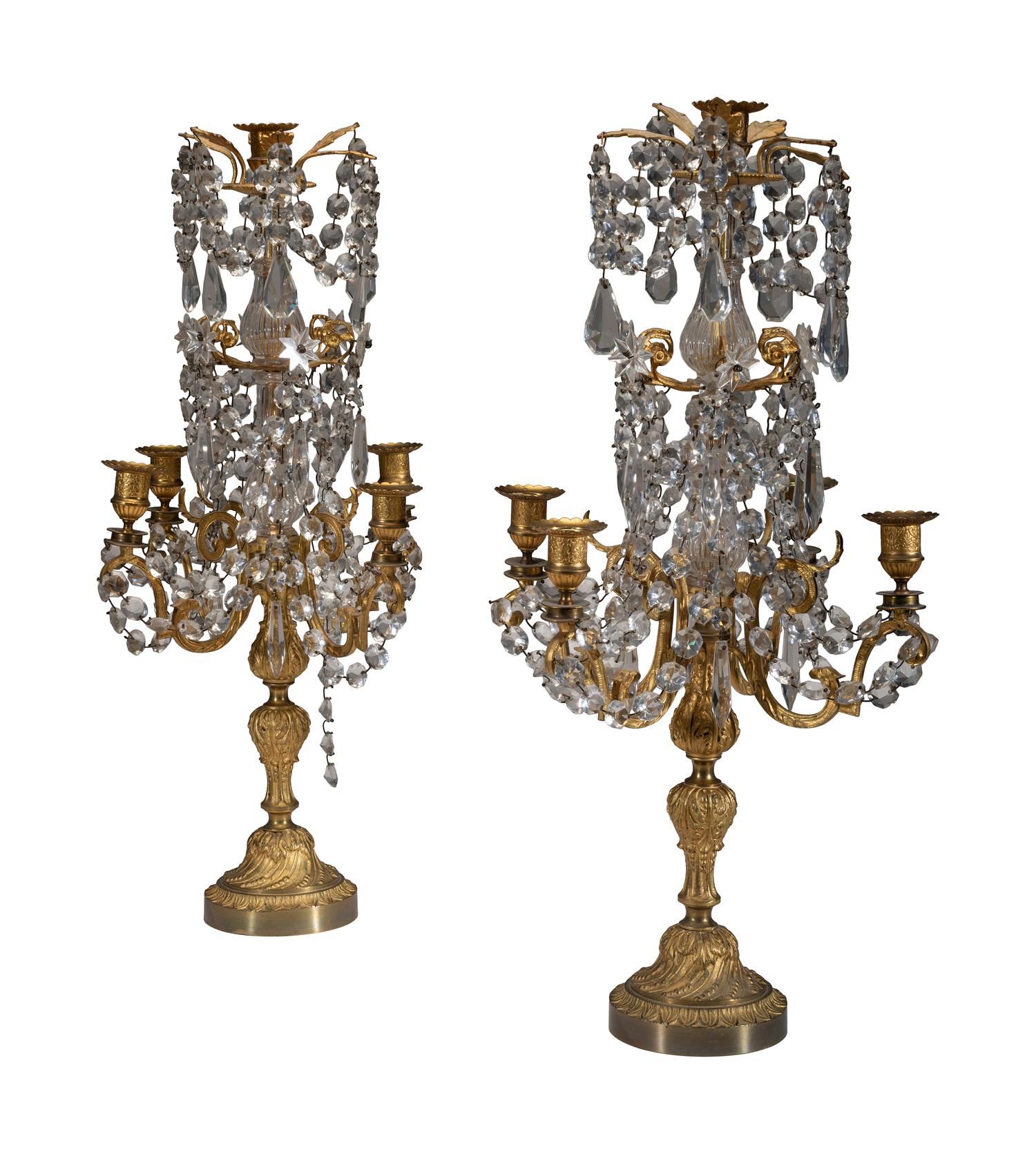 A Pair of Gilt-Bronze and Crystal Five-Light Candelabra