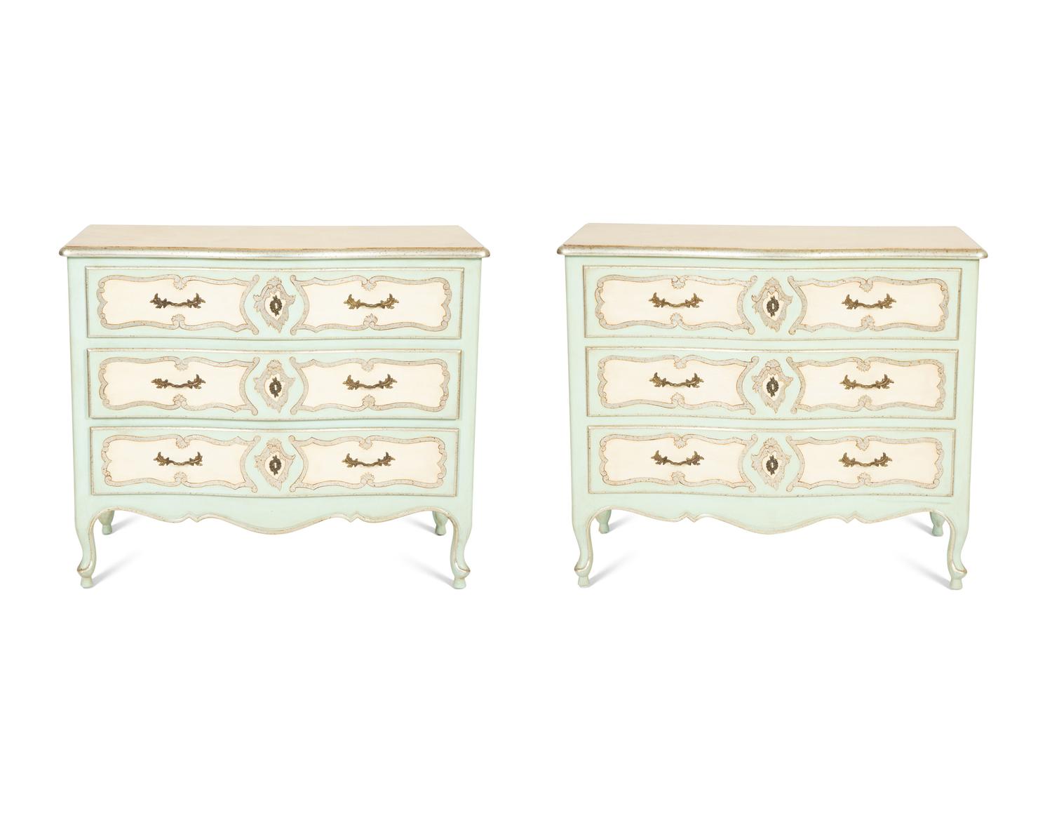 A Pair of Louis XV Style Painted and Silver Gilt Commodes with Faux Marble Tops