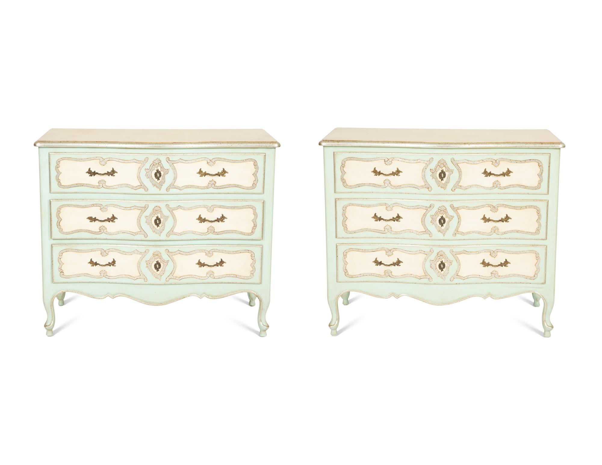 A Pair of Louis XV Style Painted and Silver Gilt Commodes with Faux Marble Tops