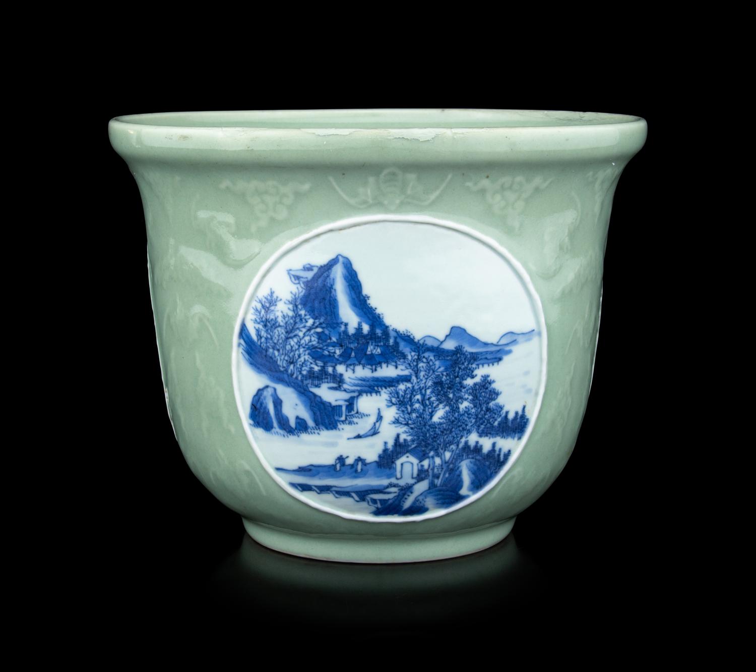 A Chinese Celadon Ground Blue and White Porelain Planter