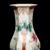 A Pair of Chinese Famille Rose Porcelain Hexagonal 'Bogu' Vases, 19th Century — 清晚期 粉彩博古圖六方瓶一對
