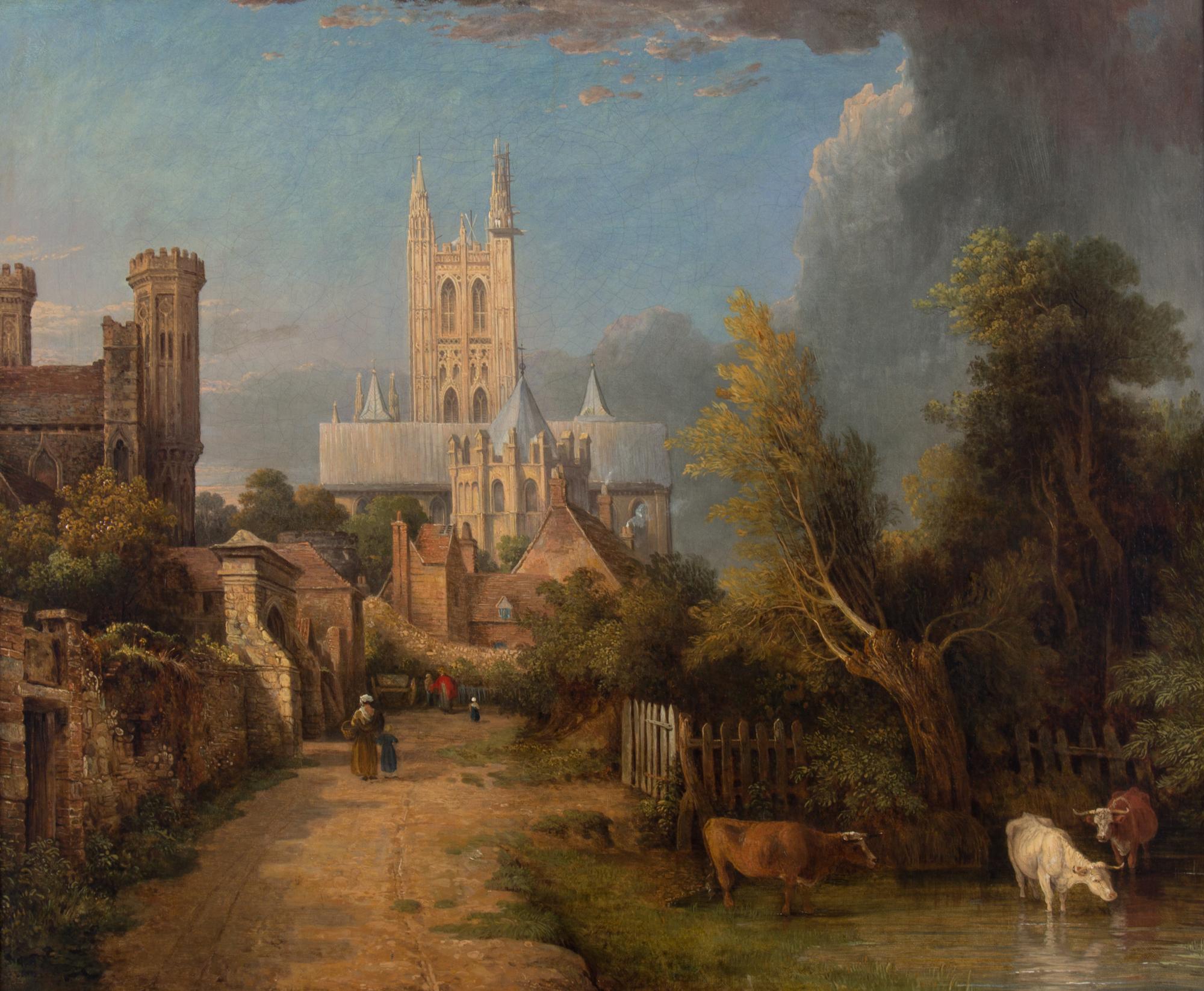 Attributed to George Vincent, (British, 1796-1831), Street Scene with Canterbury Cathedral in Background
