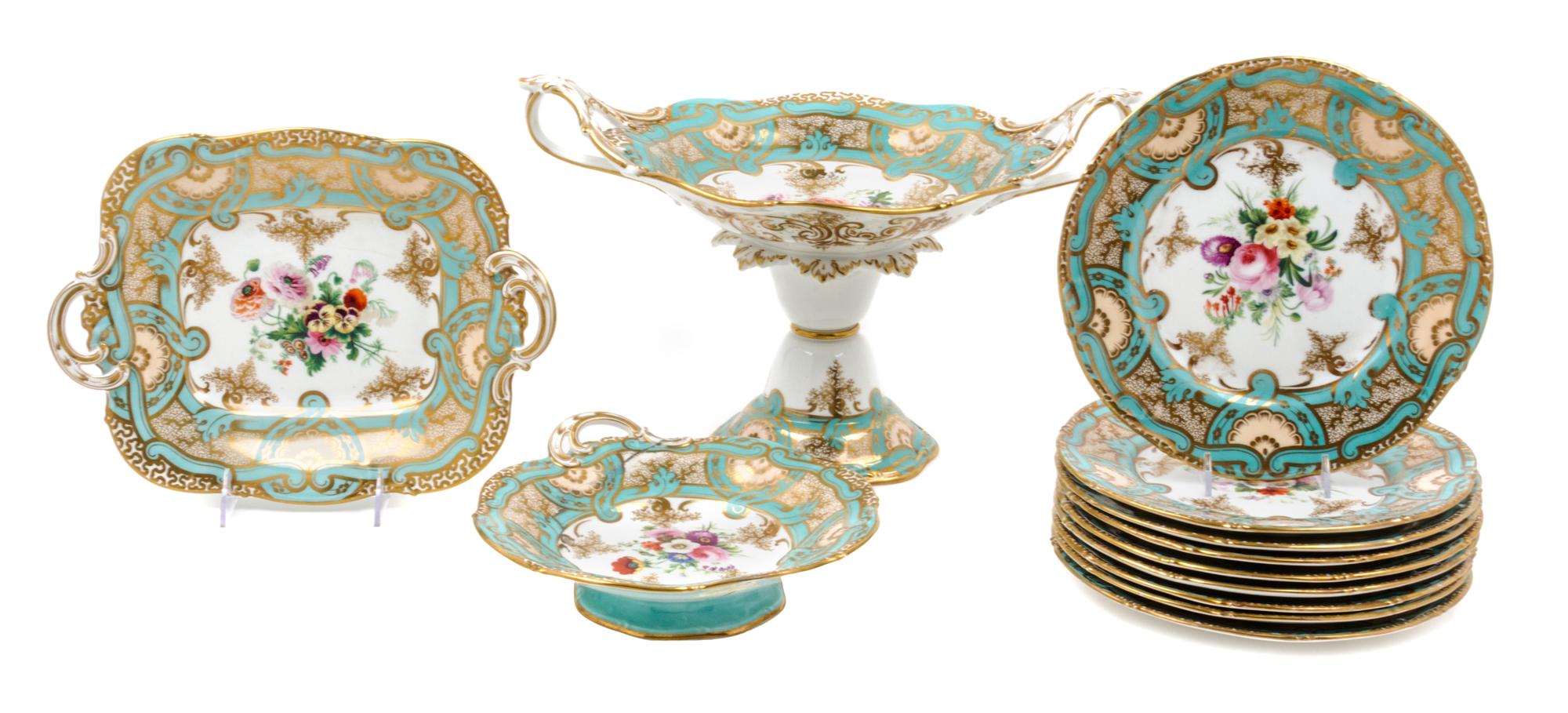 An English Porcelain Dessert Service Height of centerpiece bowl 9 1/4 inches. — 19TH CENTURY