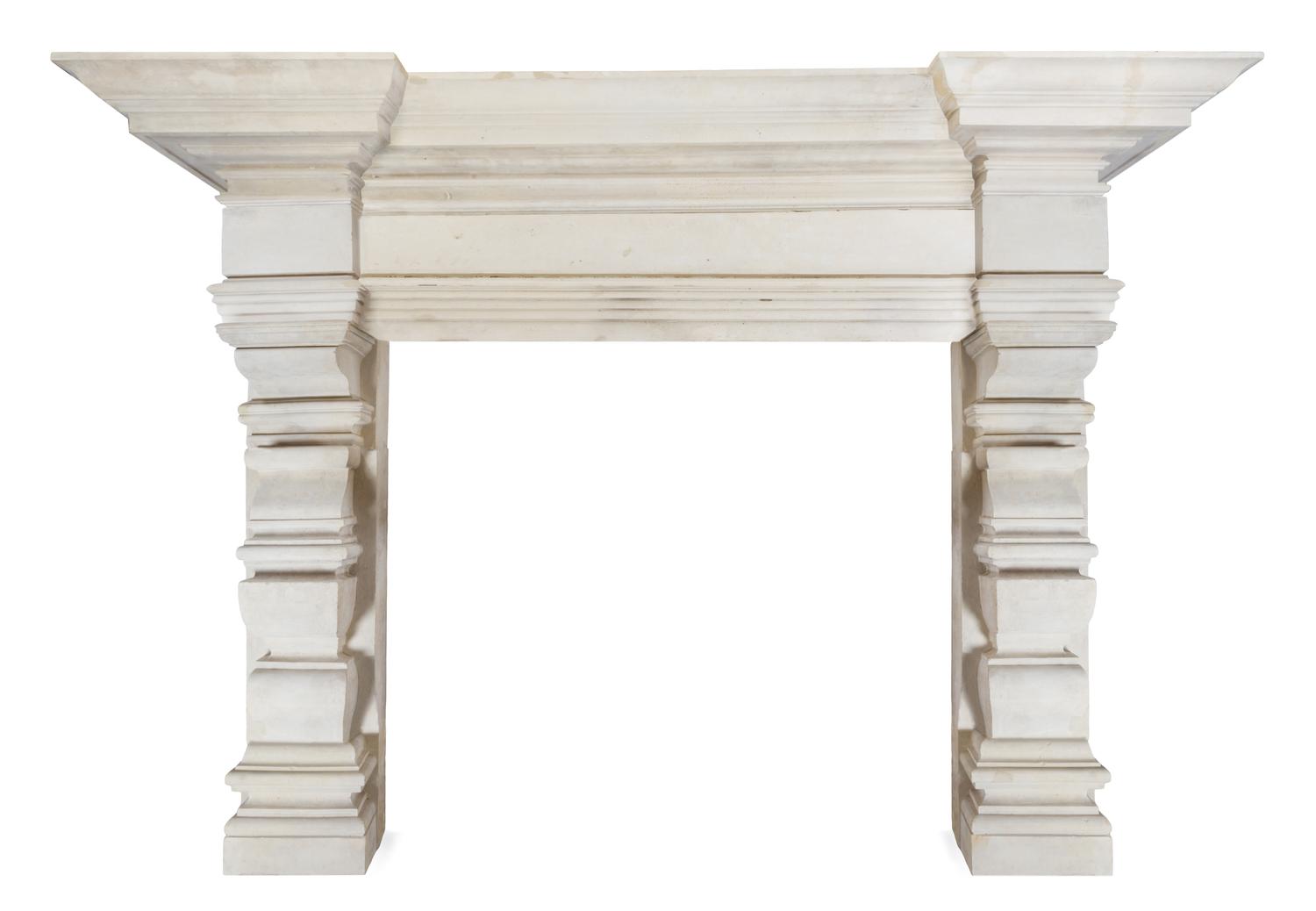 An Elizabethan Style Bath Stone Fireplace Surround Height 88 x width 115 x depth 23 inches. — CIRCA 1870, AFTER THE 16TH CENTURY EXAMPLE AT COOMBE ABBEY, WARWICKSHIRE