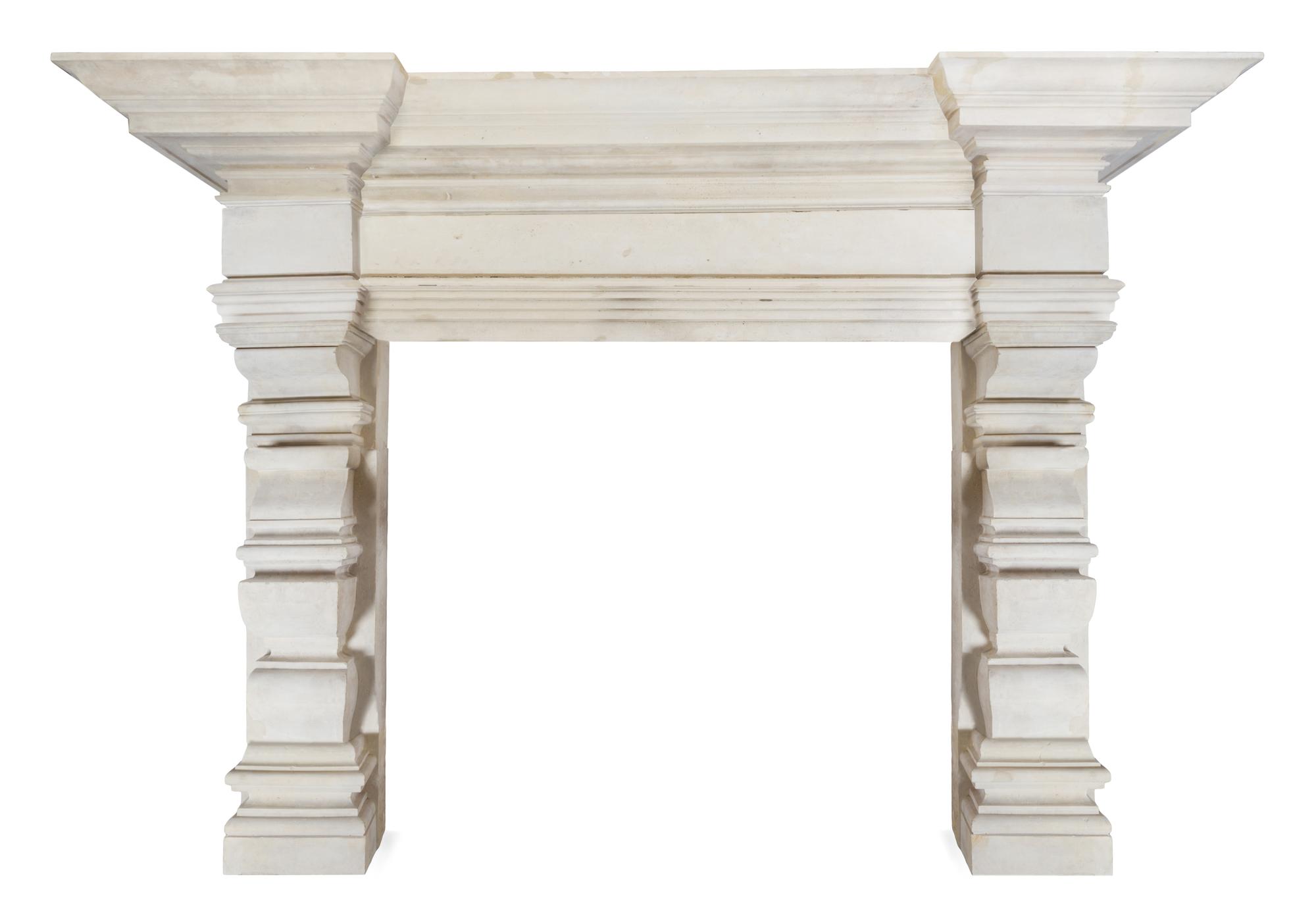 An Elizabethan Style Bath Stone Fireplace Surround Height 88 x width 115 x depth 23 inches. — CIRCA 1870, AFTER THE 16TH CENTURY EXAMPLE AT COOMBE ABBEY, WARWICKSHIRE