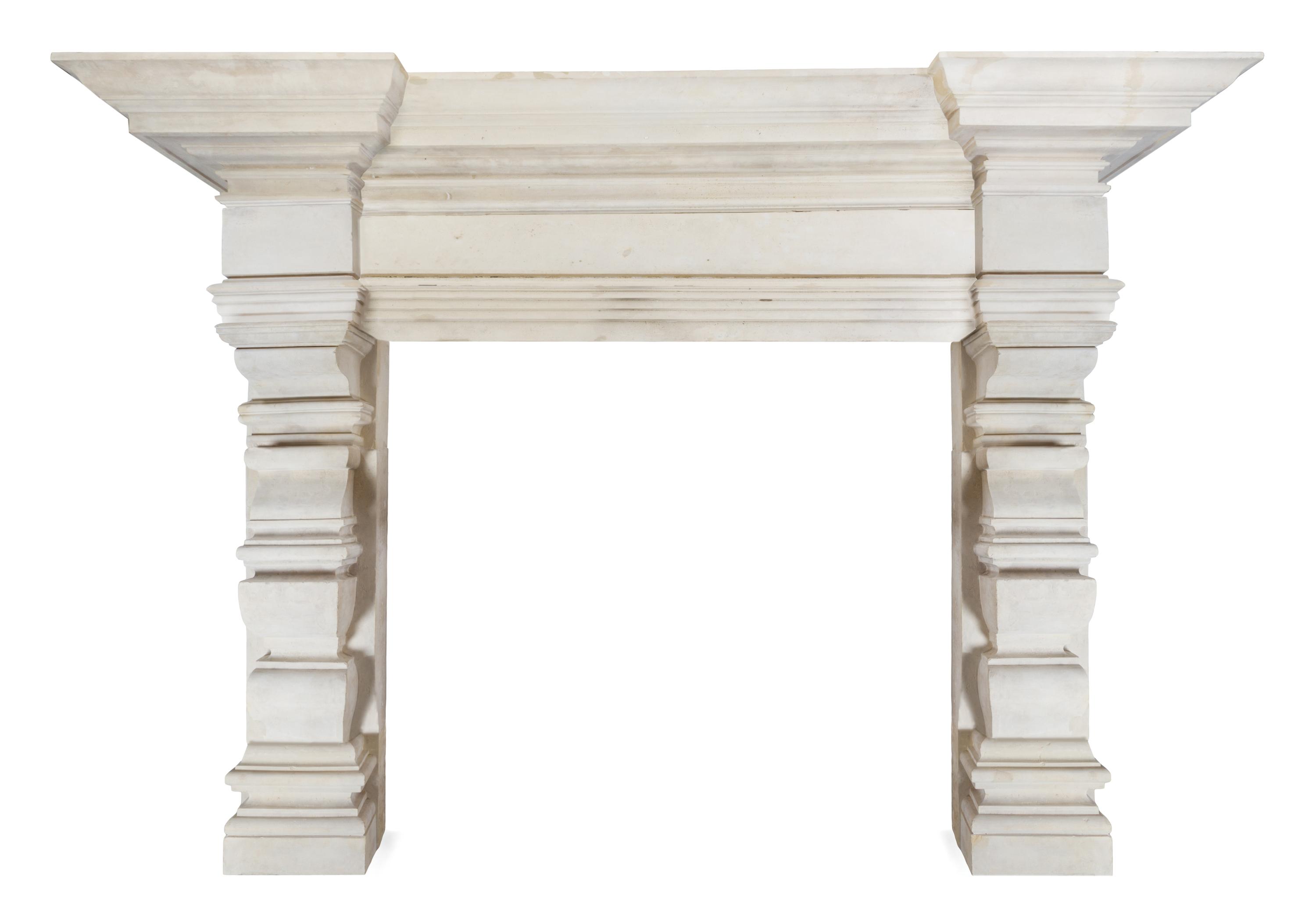 An Elizabethan Style Bath Stone Fireplace Surround Height 88 x width 115 x depth 23 inches. — CIRCA 1870, AFTER THE 16TH CENTURY EXAMPLE AT COOMBE ABBEY, WARWICKSHIRE