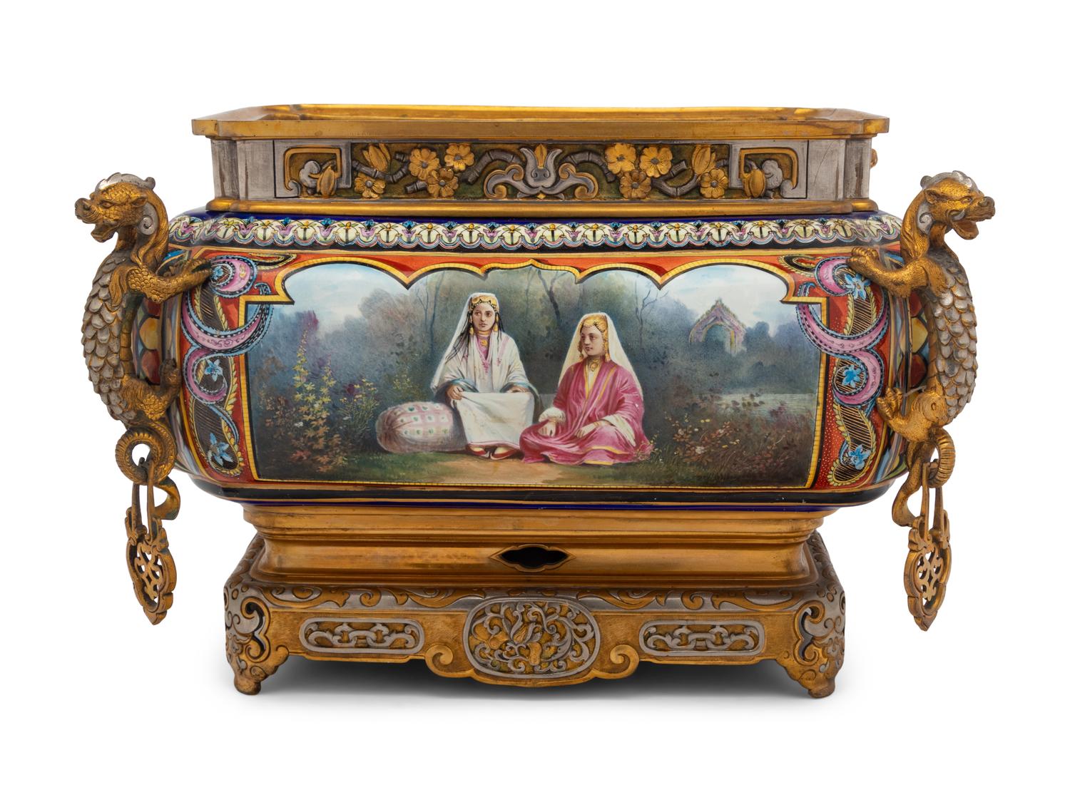 A French Silvered and Gilt Bronze Mounted Porcelain Jardinière