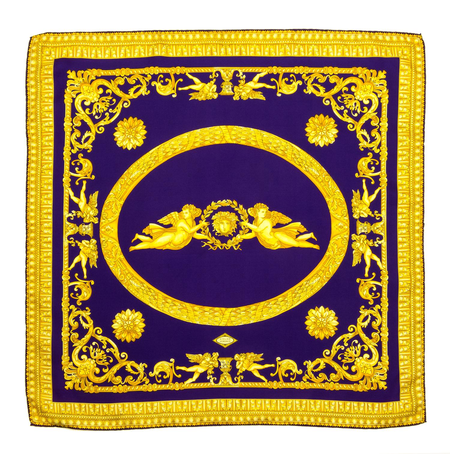 A Gianni Versace Purple Silk Atelier Print Scarf, 26" x 26".
