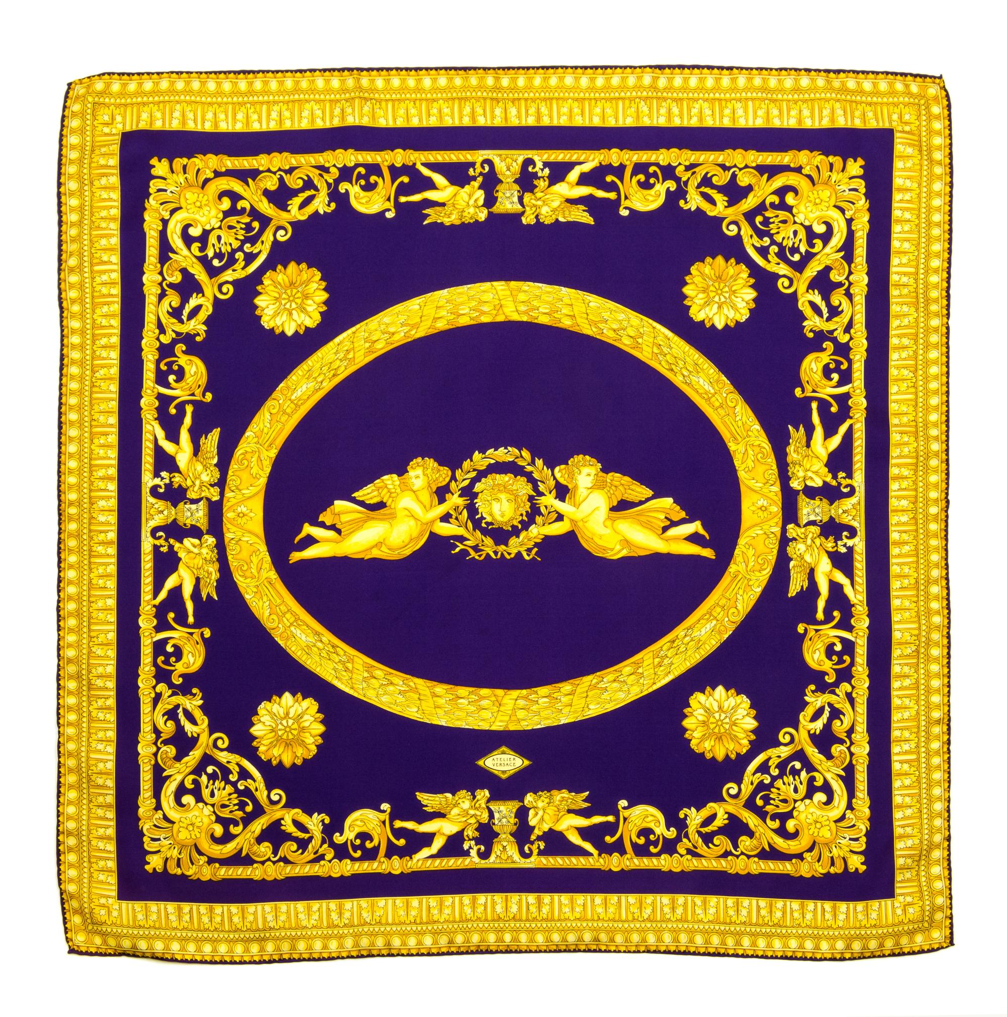 A Gianni Versace Purple Silk Atelier Print Scarf, 26" x 26".