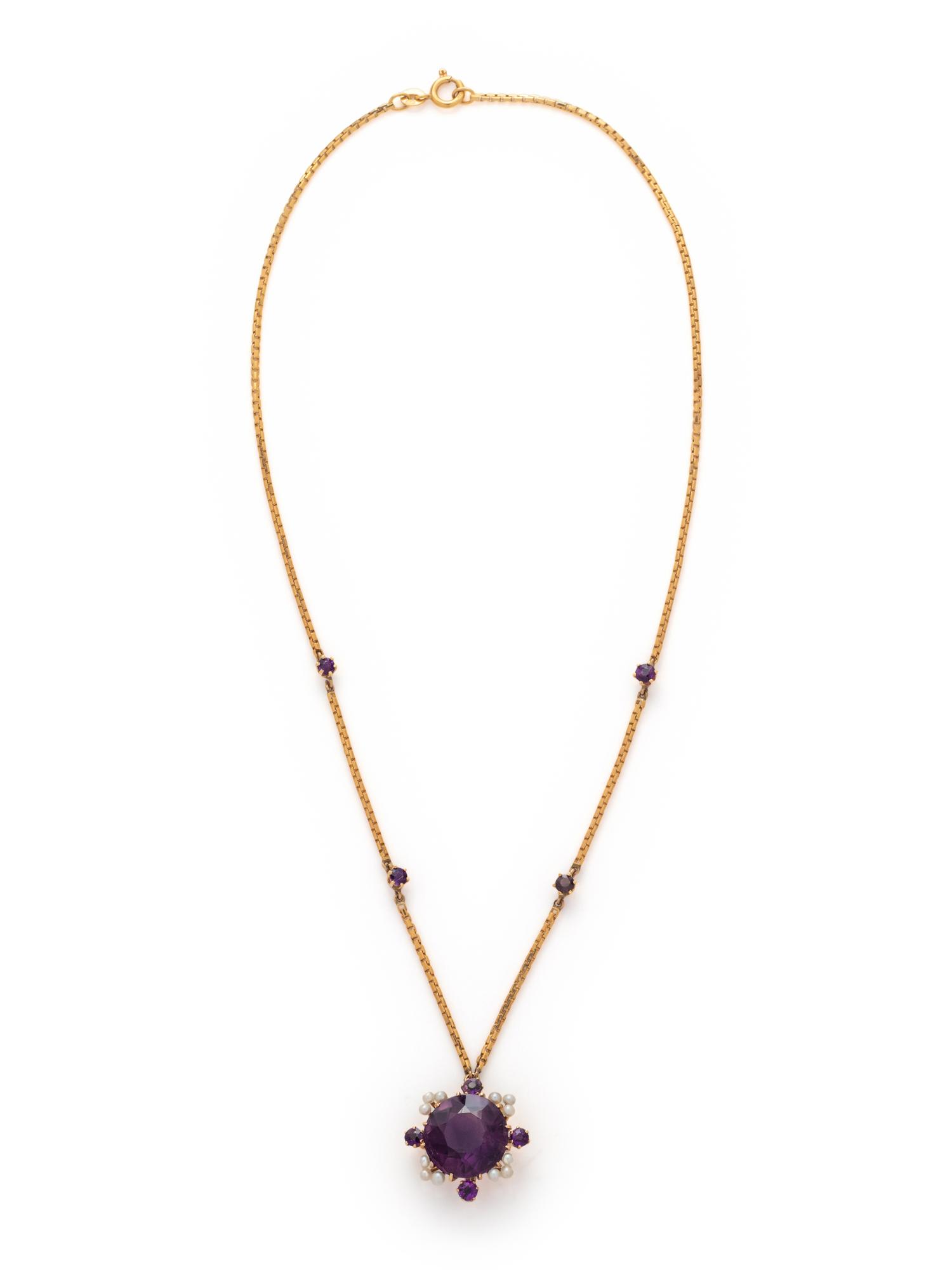 YELLOW GOLD, AMETHYST AND SEED PEARL NECKLACE
