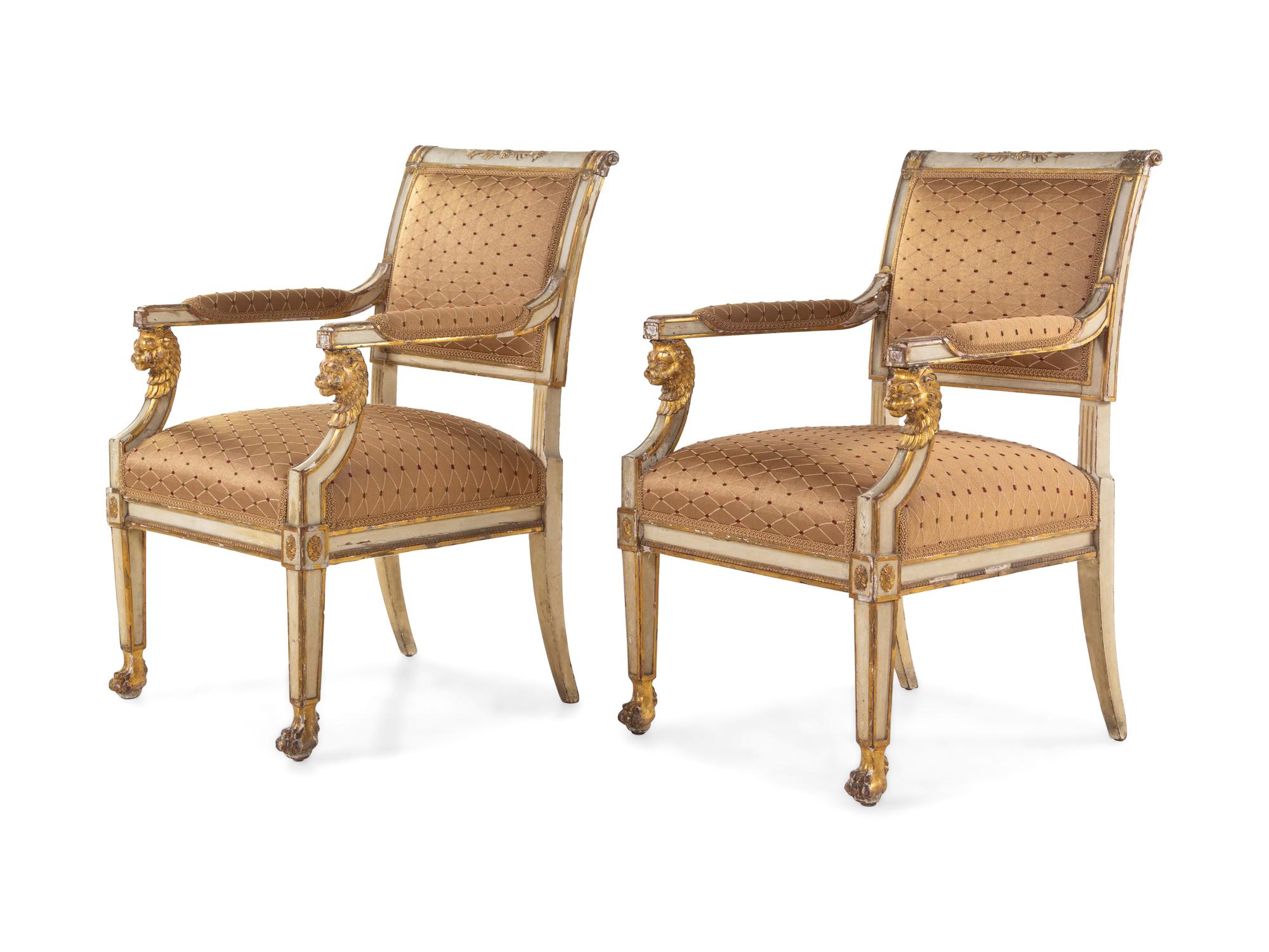 A Pair of Empire Painted and Parcel Gilt Fauteuils
