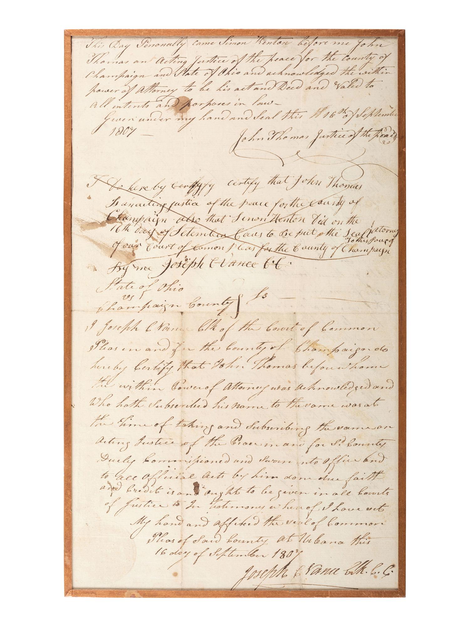 KENTON, Simon (1755-1836). Legal document signed ("Simon Kenton") conferring power of attorney to William Ward. Champaign County, Ohio, 16 September 1807.