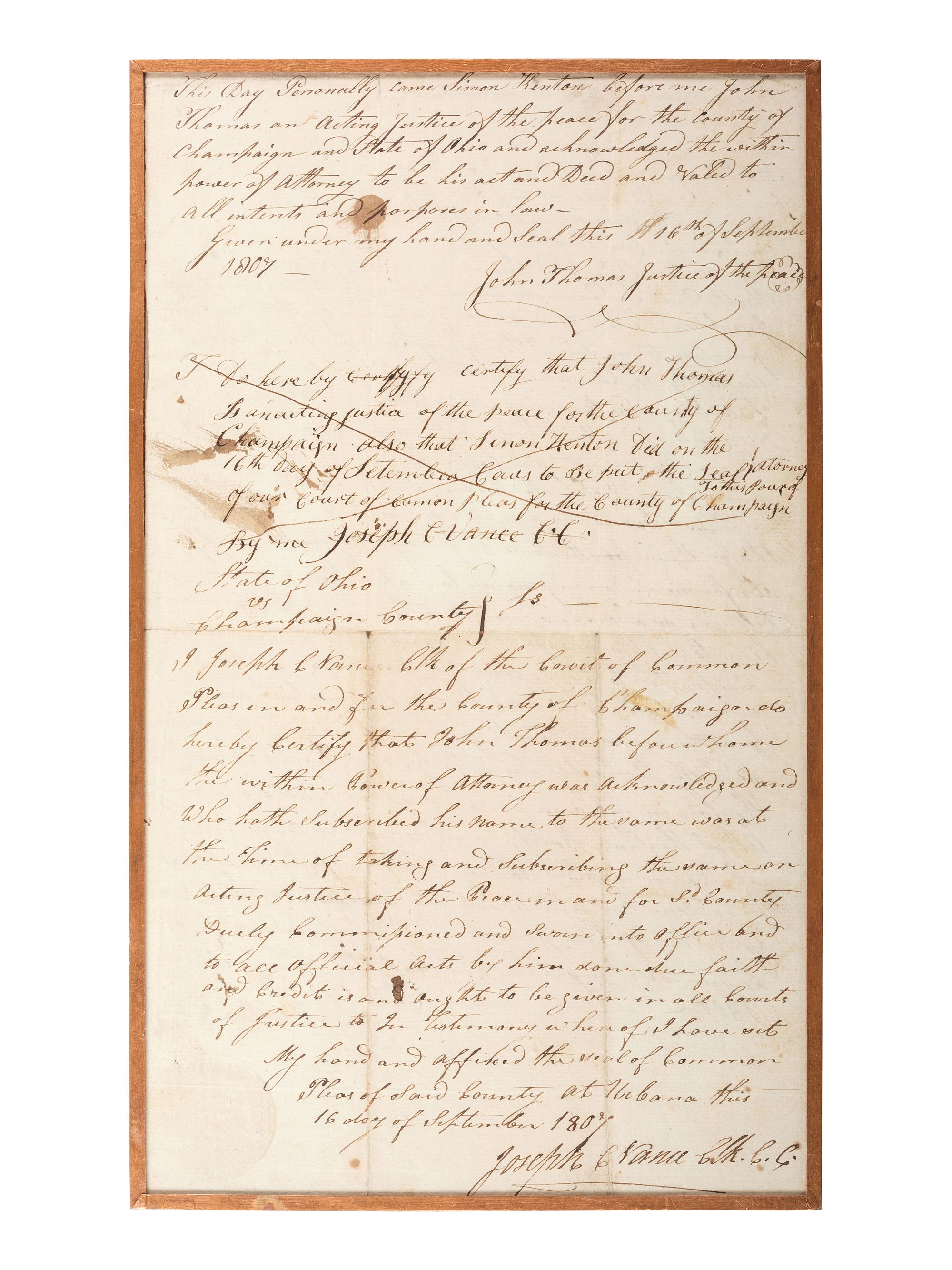 KENTON, Simon (1755-1836). Legal document signed ("Simon Kenton") conferring power of attorney to William Ward. Champaign County, Ohio, 16 September 1807.