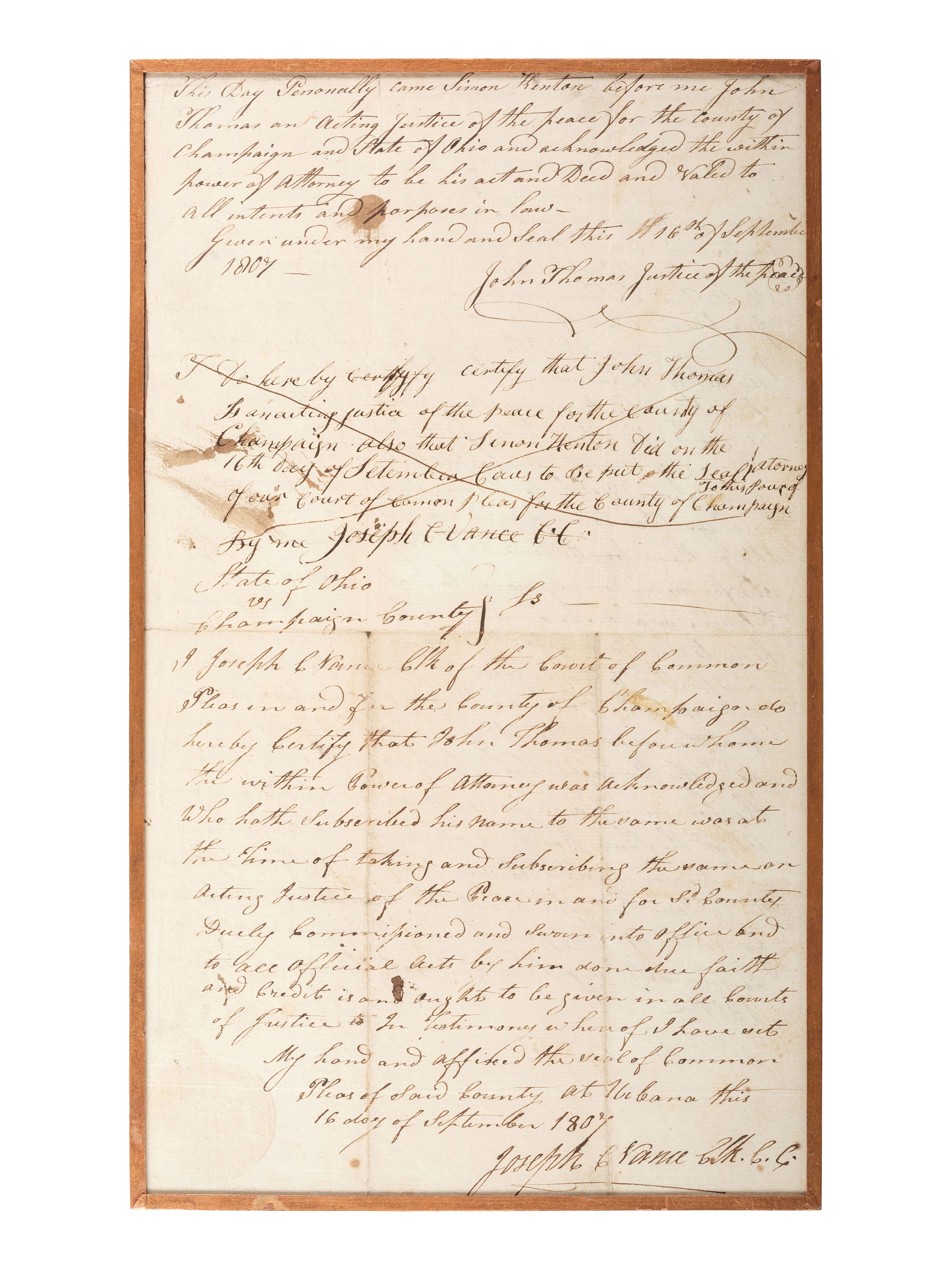 KENTON, Simon (1755-1836). Legal document signed ("Simon Kenton") conferring power of attorney to William Ward. Champaign County, Ohio, 16 September 1807.