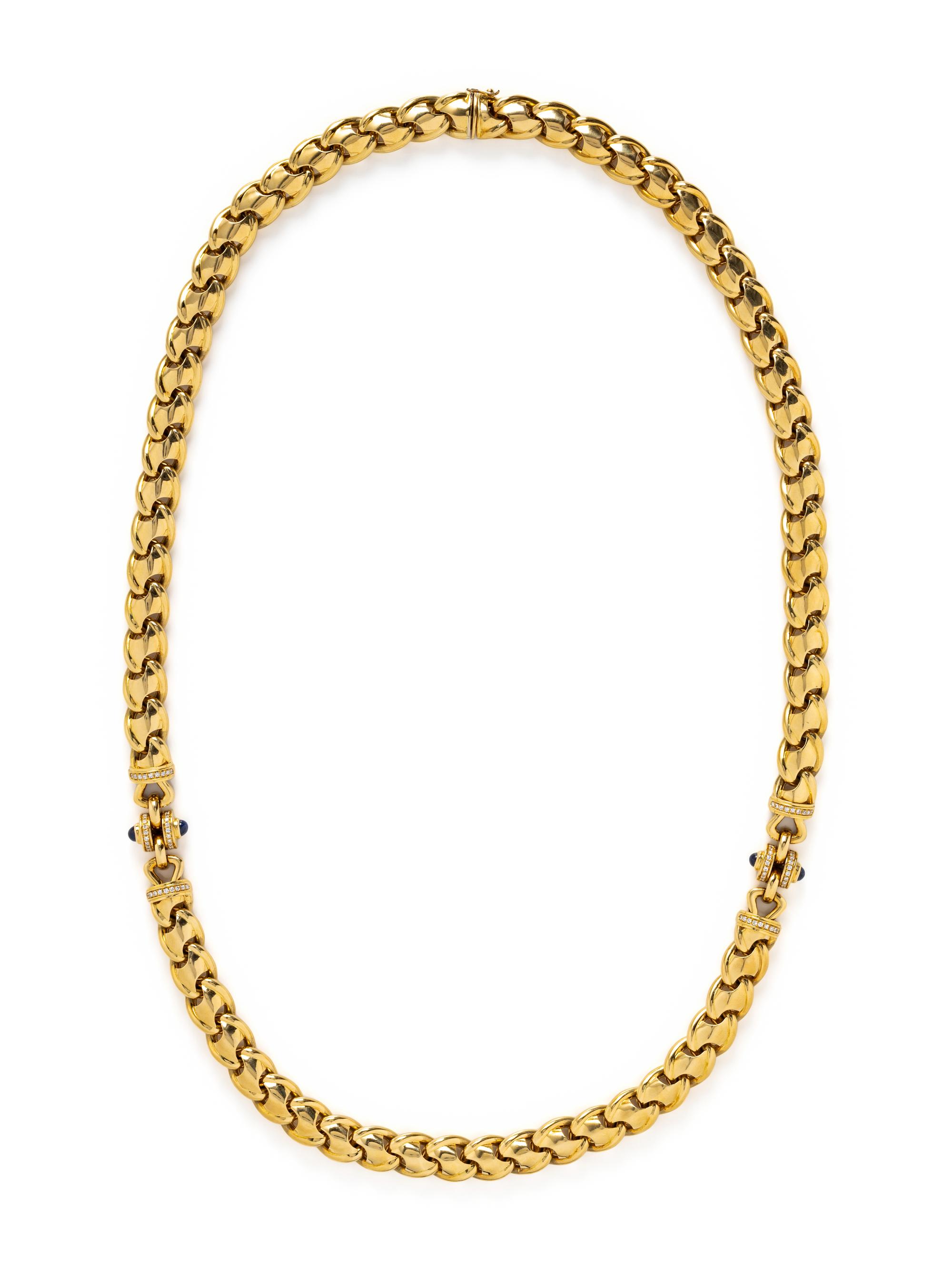 YELLOW GOLD, DIAMOND AND SAPPHIRE LONGCHAIN NECKLACE