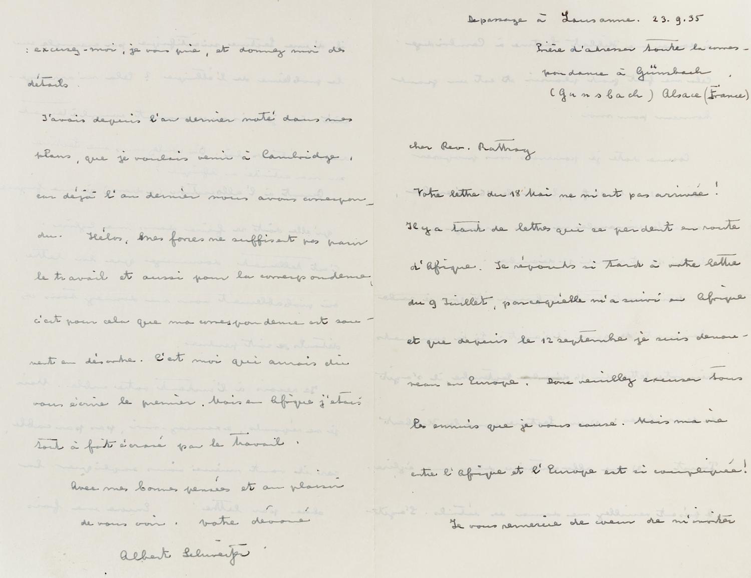 SCHWEITZER, Albert. Autographed letter signed ("Albert Schweitzer"), to Reverend R.F. Rattray, Lausanne, Switzerland, 23 September 1955