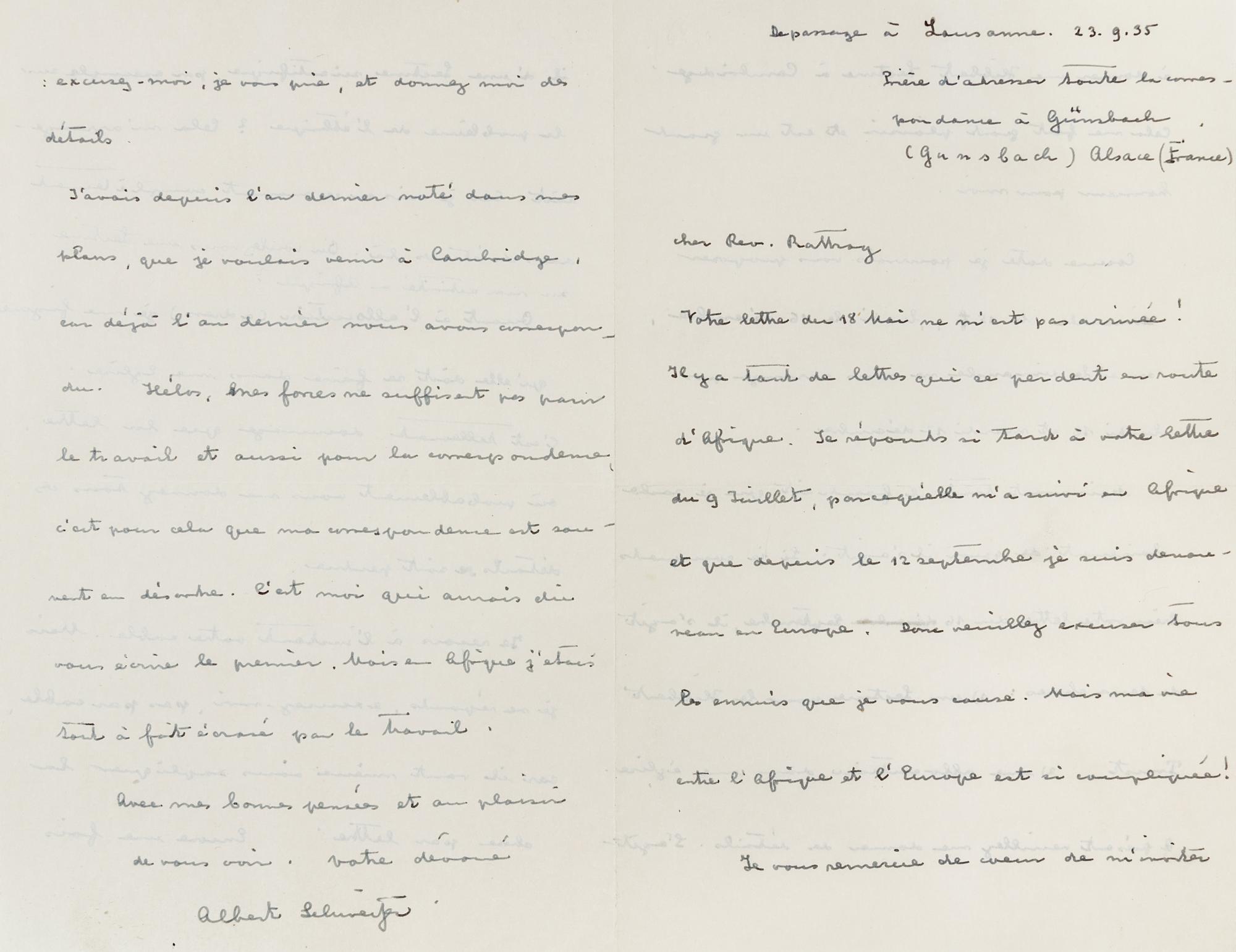 SCHWEITZER, Albert. Autographed letter signed ("Albert Schweitzer"), to Reverend R.F. Rattray, Lausanne, Switzerland, 23 September 1955