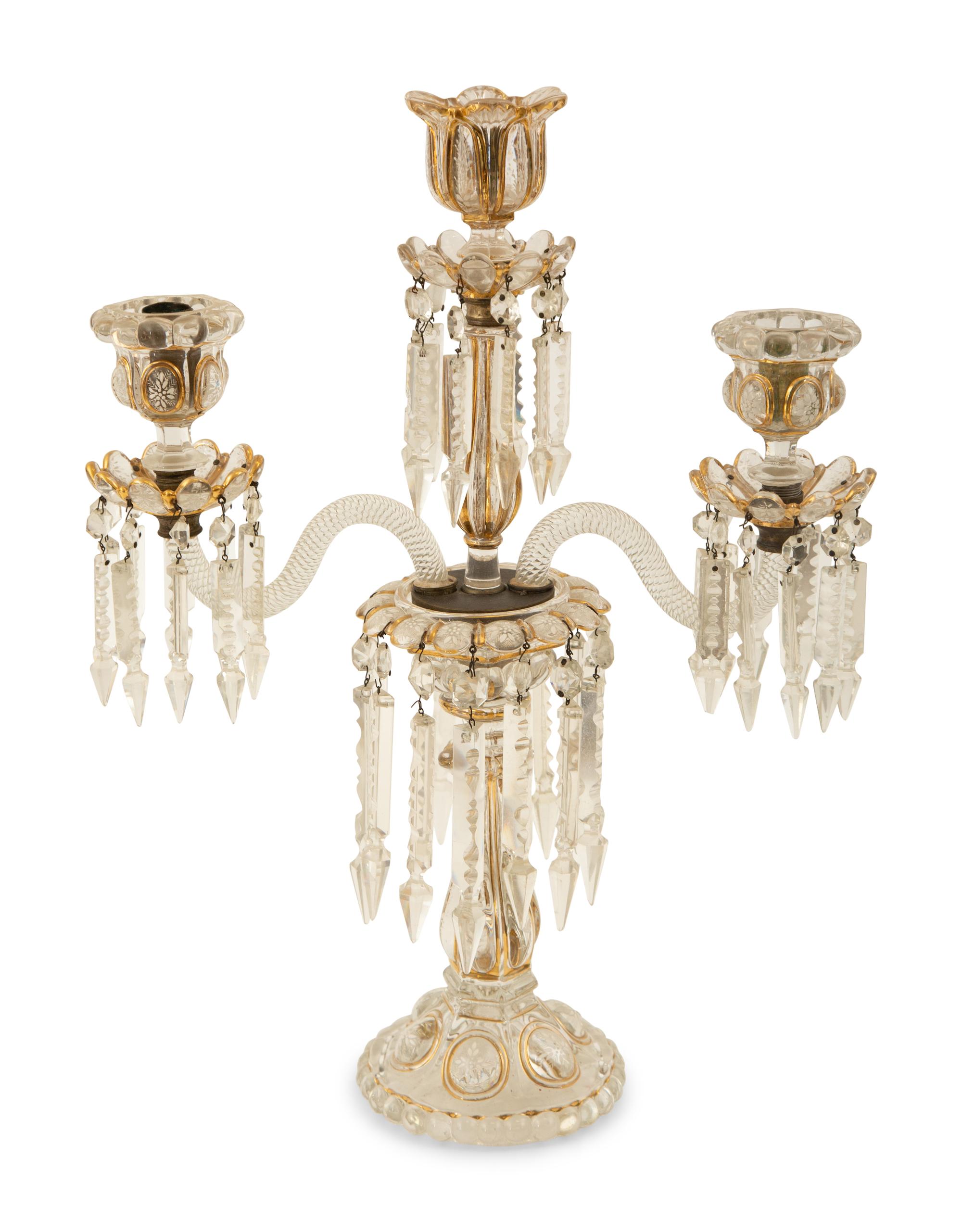 A Pair Gilt and Enamel Decorated Molded Glass Three-Light Candelabra — 19th Century