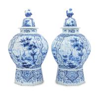A Pair of Large Delftware Vases and Covers