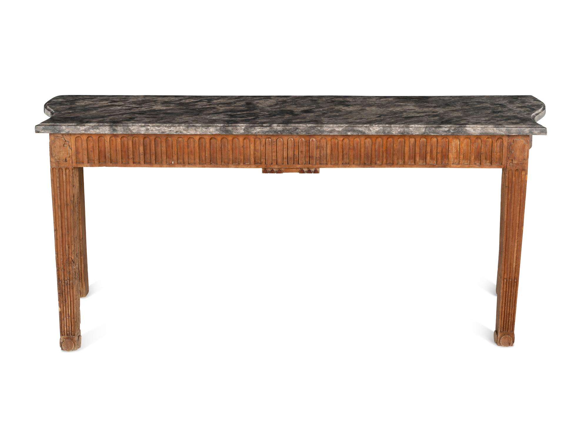 A Louis XVI Provincial Stained Fruitwood Marble-Top Console Table