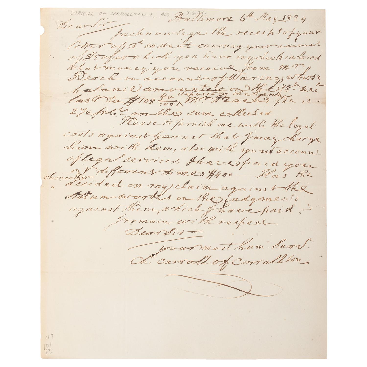 Charles Carroll of Carrollton, Signer of the Declaration of Independence, ALS, Plus