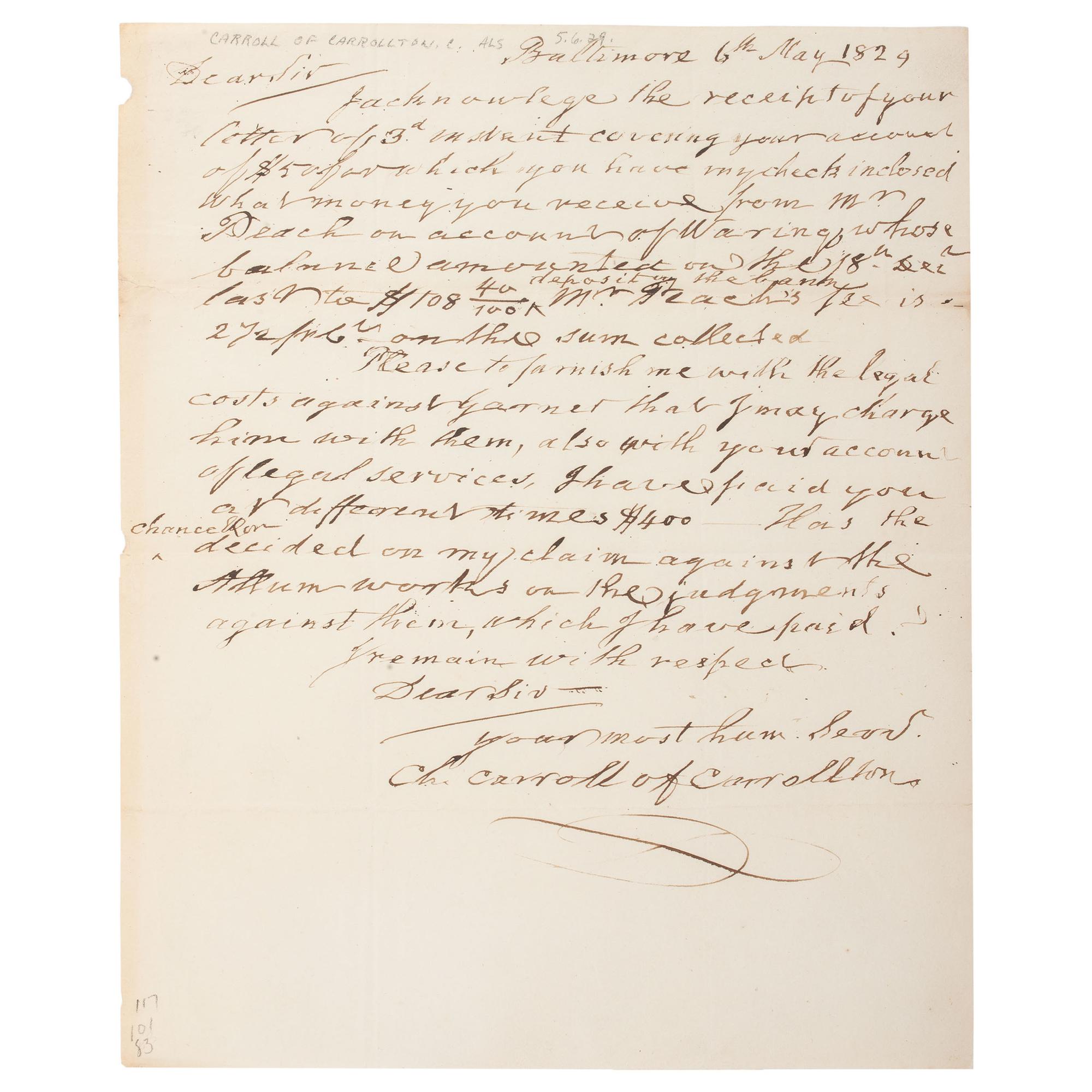 Charles Carroll of Carrollton, Signer of the Declaration of Independence, ALS, Plus