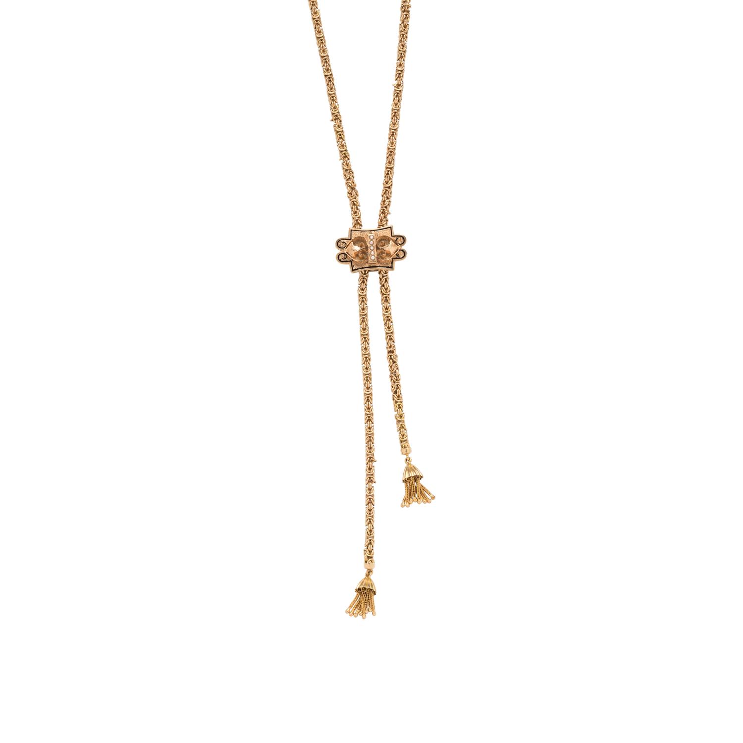 YELLOW GOLD, SEED PEARL AND ENAMEL SLIDE NECKLACE