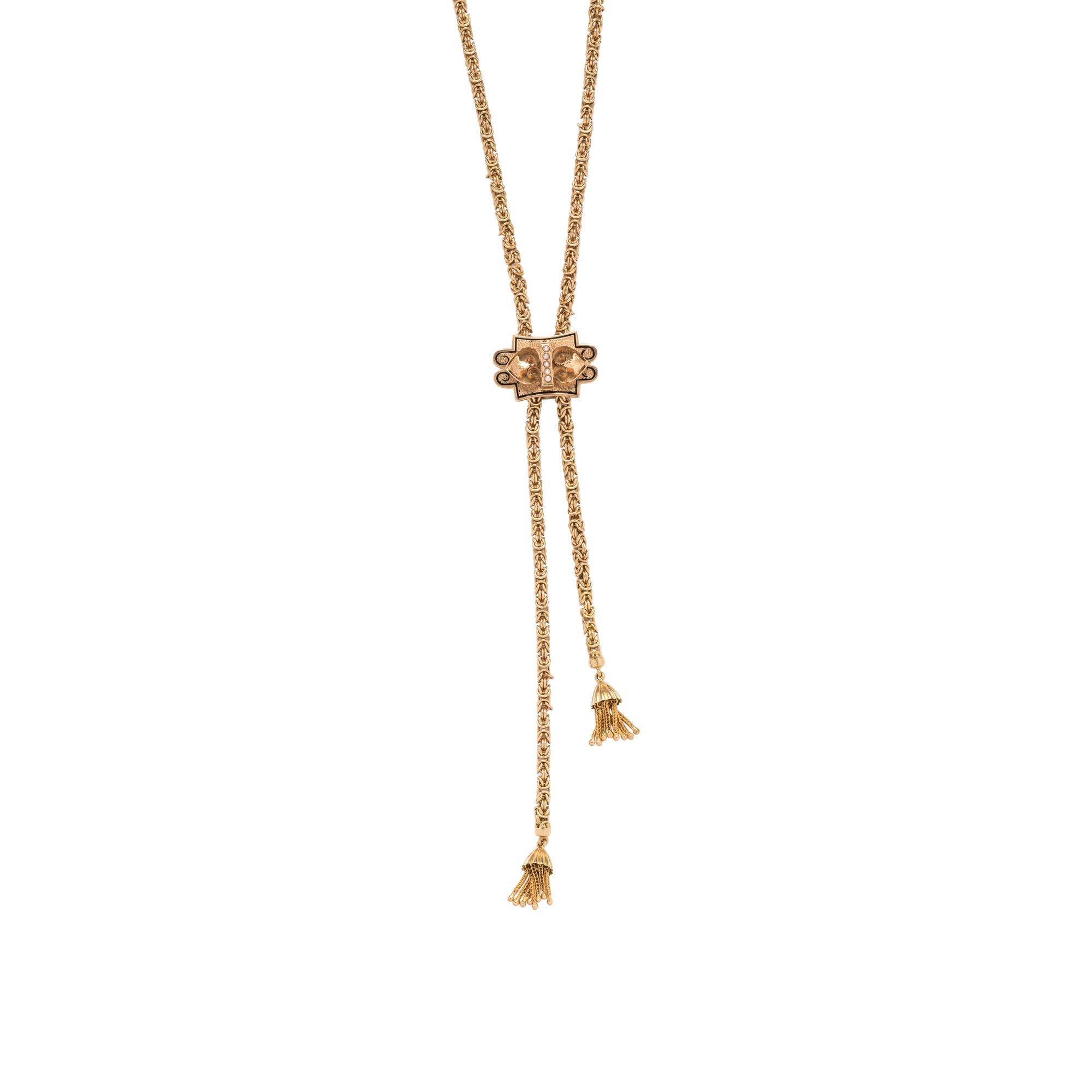 YELLOW GOLD, SEED PEARL AND ENAMEL SLIDE NECKLACE