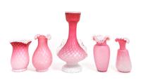 Five Victorian Mother-of-Pearl Satin Glass Vases Height of tallest 12 3/8 inches — 19TH CENTURY